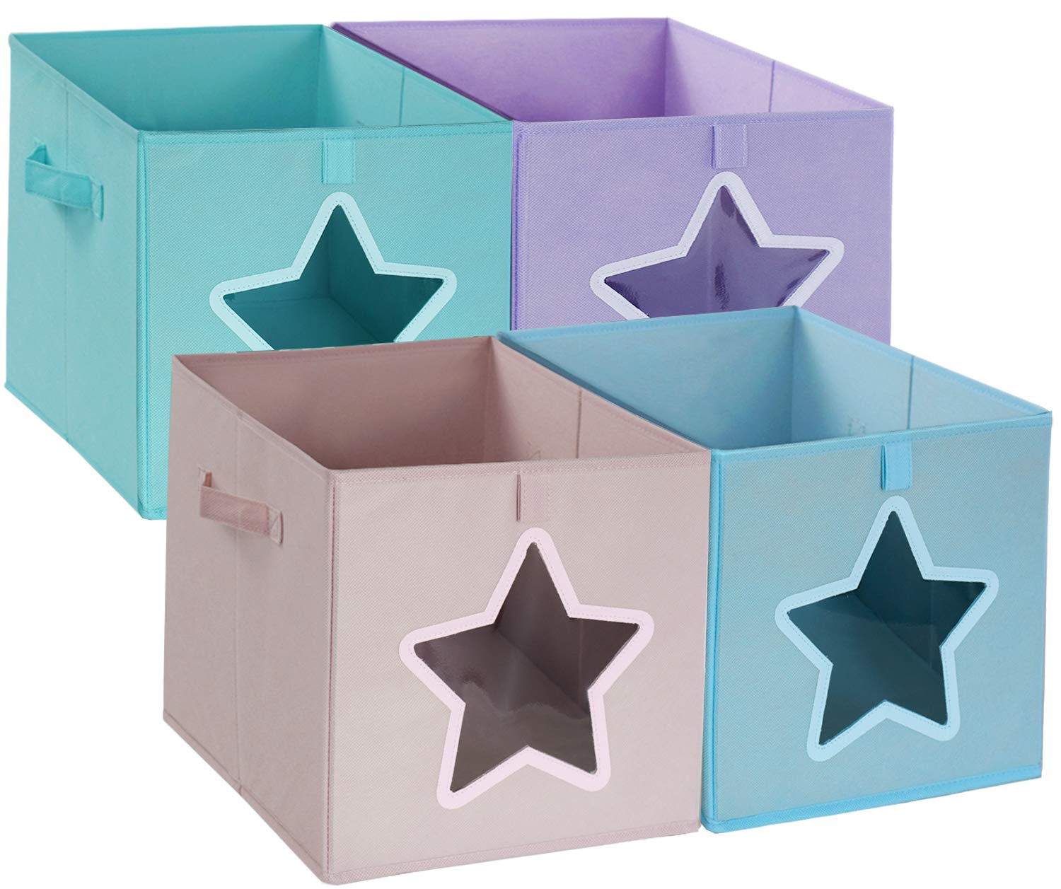 12 Inch Foldable Fabric Storage Cubes with Clear Star Window & Handles - 4 Pack Organizer Bins for Kids Toys, Clothes, Nursery, Pantry & Closet Organization | Perfect for Bedroom Shelves, Playroom Storage & Closet Organizing