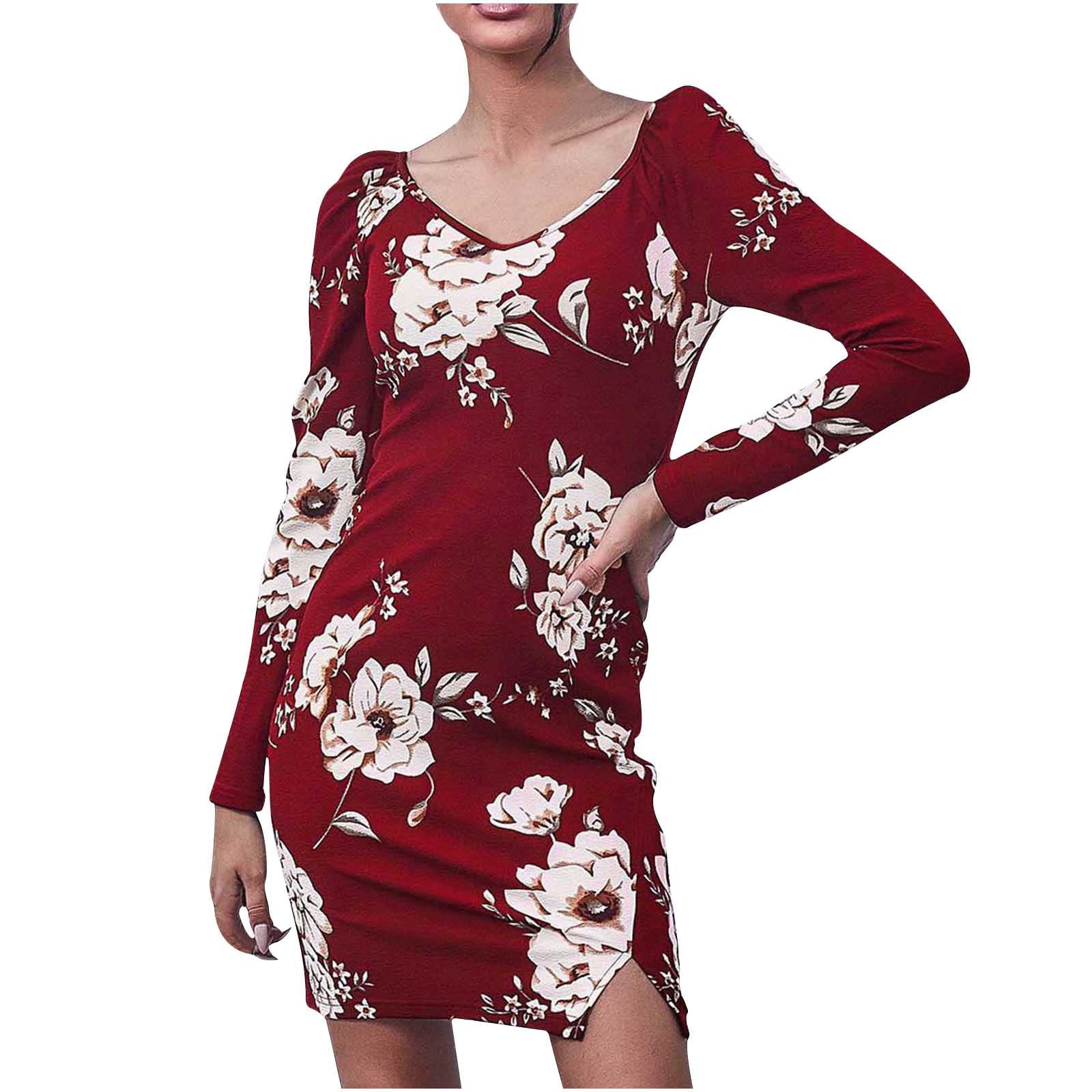 Elegant Women's Printed Long Sleeve Bodycon Dress for Wedding Guest, Party, Cocktail & Special Occasions - Sexy Round Neck Tight Fitting Formal Evening Gown