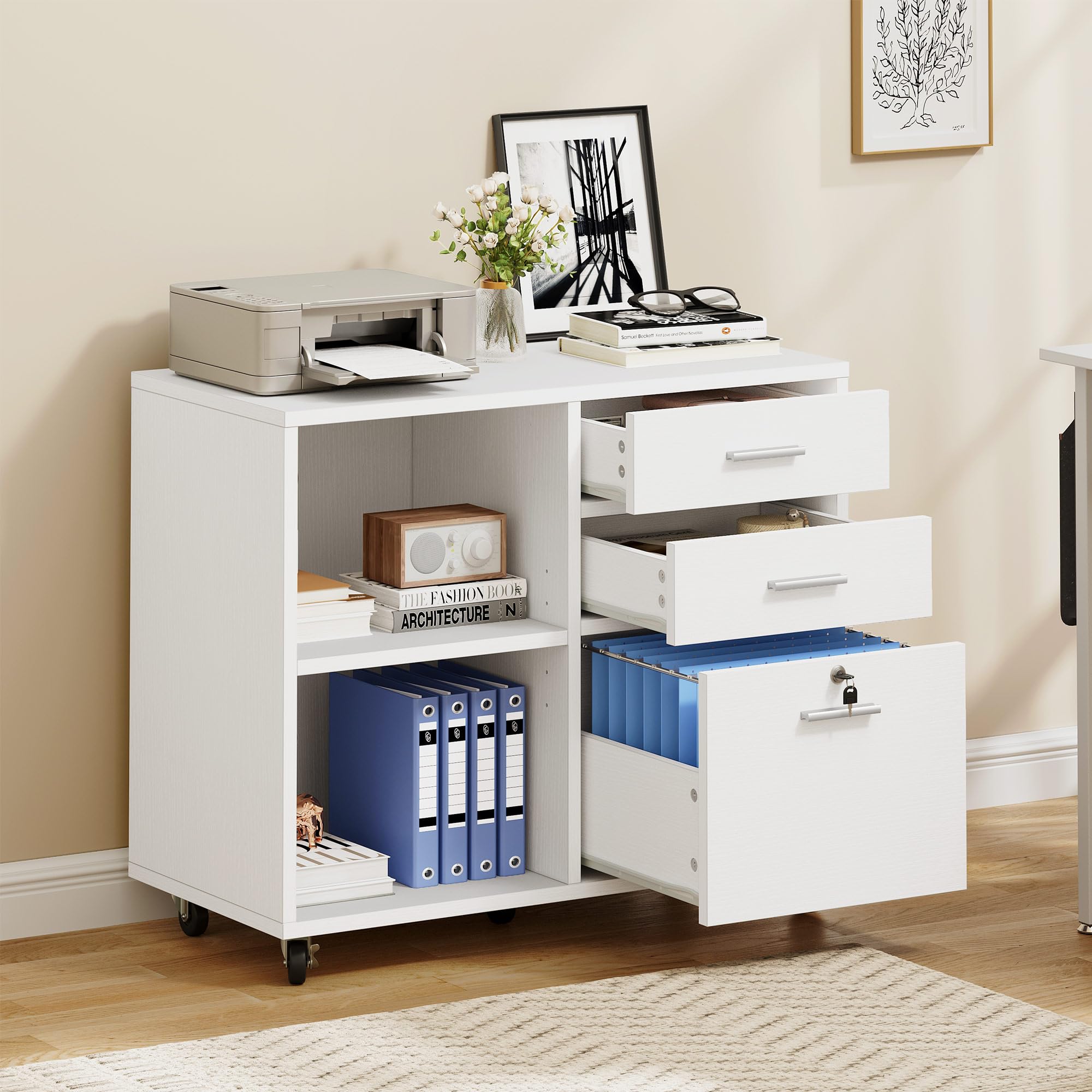 YITAHOME 3-Drawer Wood File Cabinet - Mobile Lateral Storage Cabinet with Lock, Printer Stand for Home Office Organization, White Office Furniture | Perfect for Document Storage & Workspace Organization
