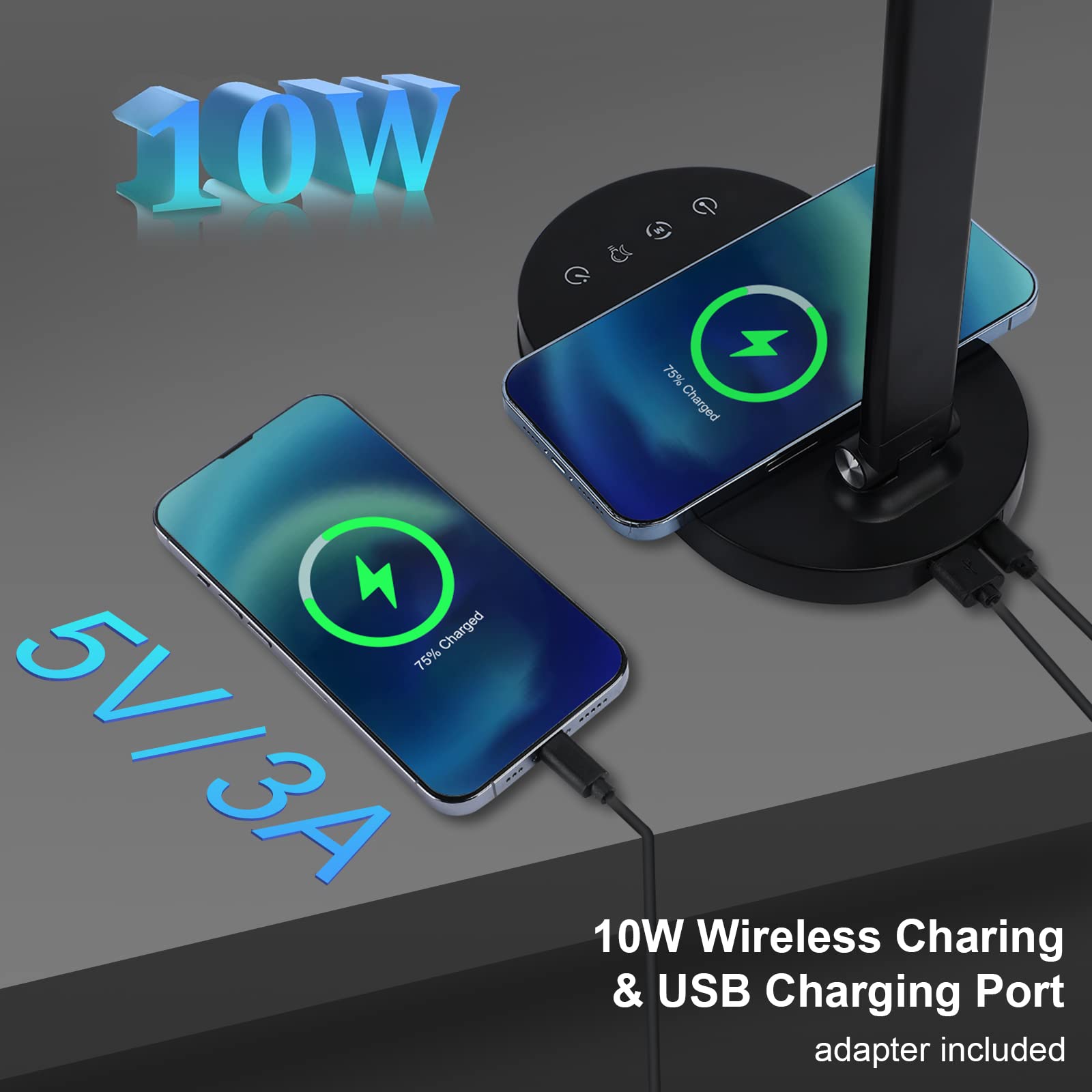 Lightess LED Desk Lamp with Wireless Charger, USB Port, Touch Control - 5 Color Modes & 5 Brightness Levels, Auto Timer, Eye-Caring Study Lamp for Office, Home, Reading & Night Use - Black