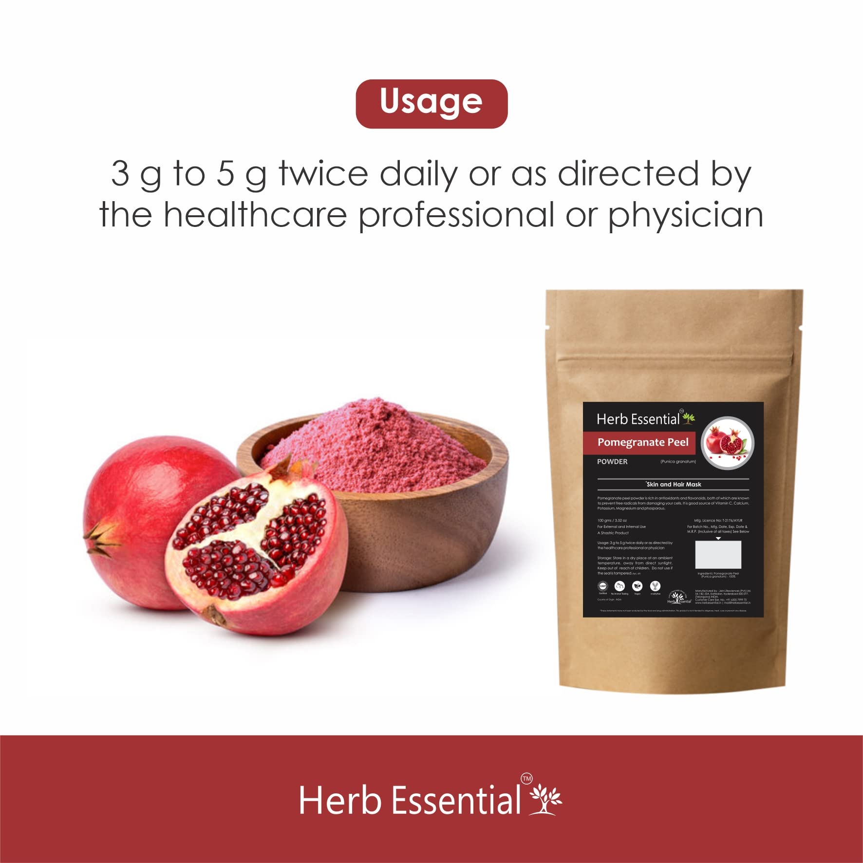 Organic Pomegranate Peel Powder (Punica Granatum) 100g - Pack of 2 | Natural Skin & Hair Care, DIY Face Masks, Herbal Remedies, Vegan Beauty Products