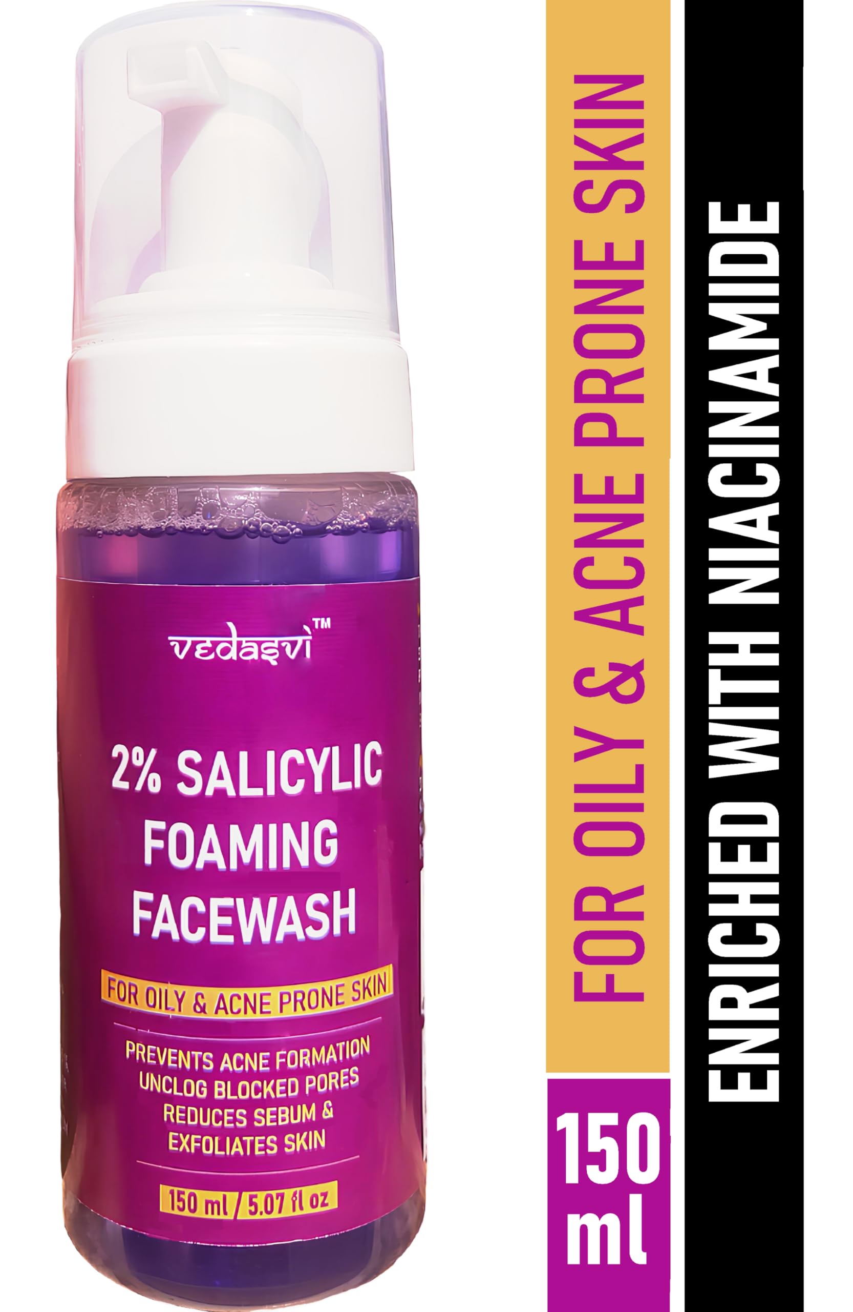 Vedasvi Foaming Face Wash with 2% Salicylic Acid & Niacinamide - Acne Treatment for Oily Skin | Pore Unclogging & Exfoliating Formula for Clear Skin | 150ml | Perfect for Daily Skincare Routine & Preventing Breakouts
