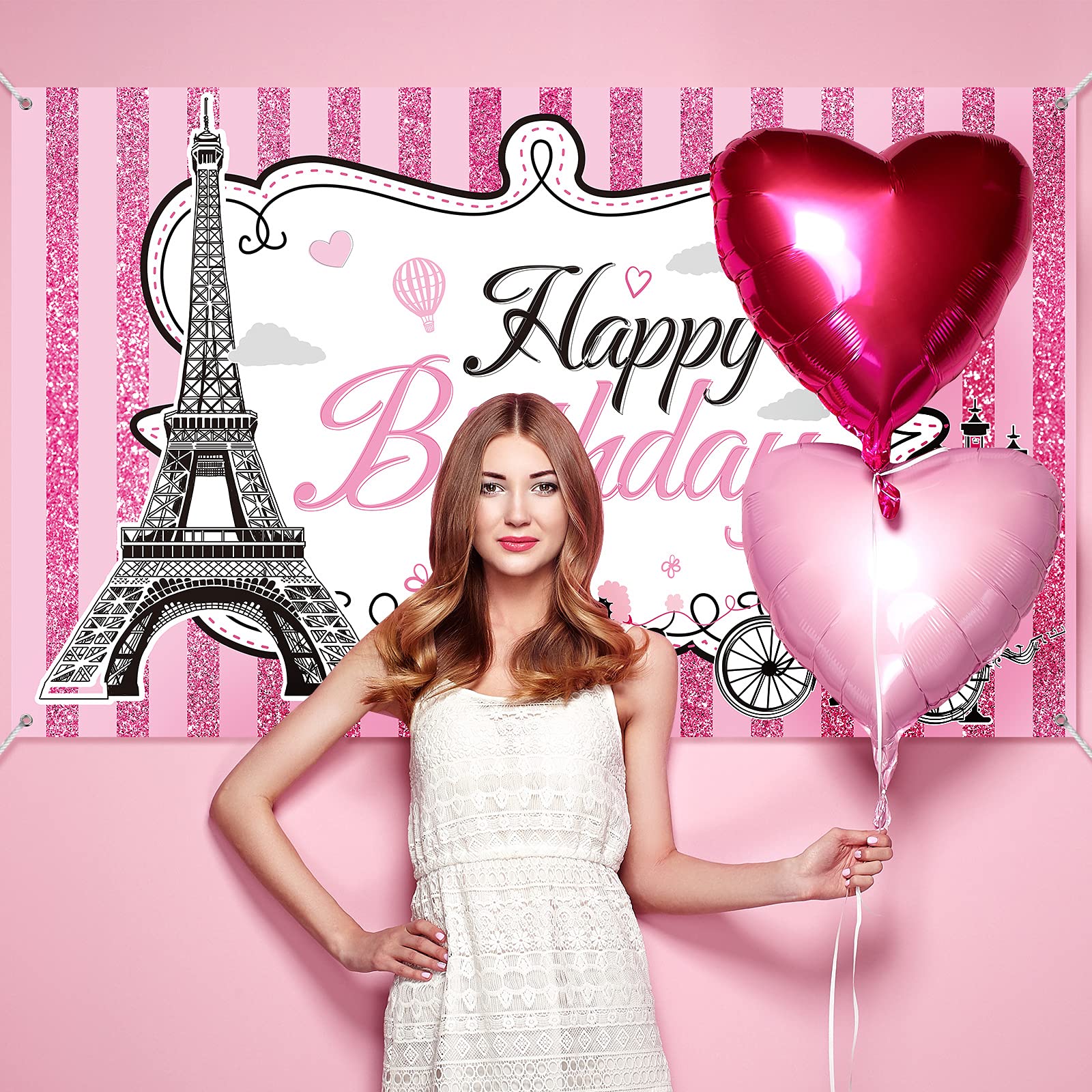 Paris Happy Birthday Backdrop - Eiffel Tower Photography Background for Paris Themed Party Decor | Sweet Pink Stripes Birthday Party Supplies | 5.9 x 3.6 ft | Perfect for Dessert Table Decorations, Baby Showers & Bridal Showers