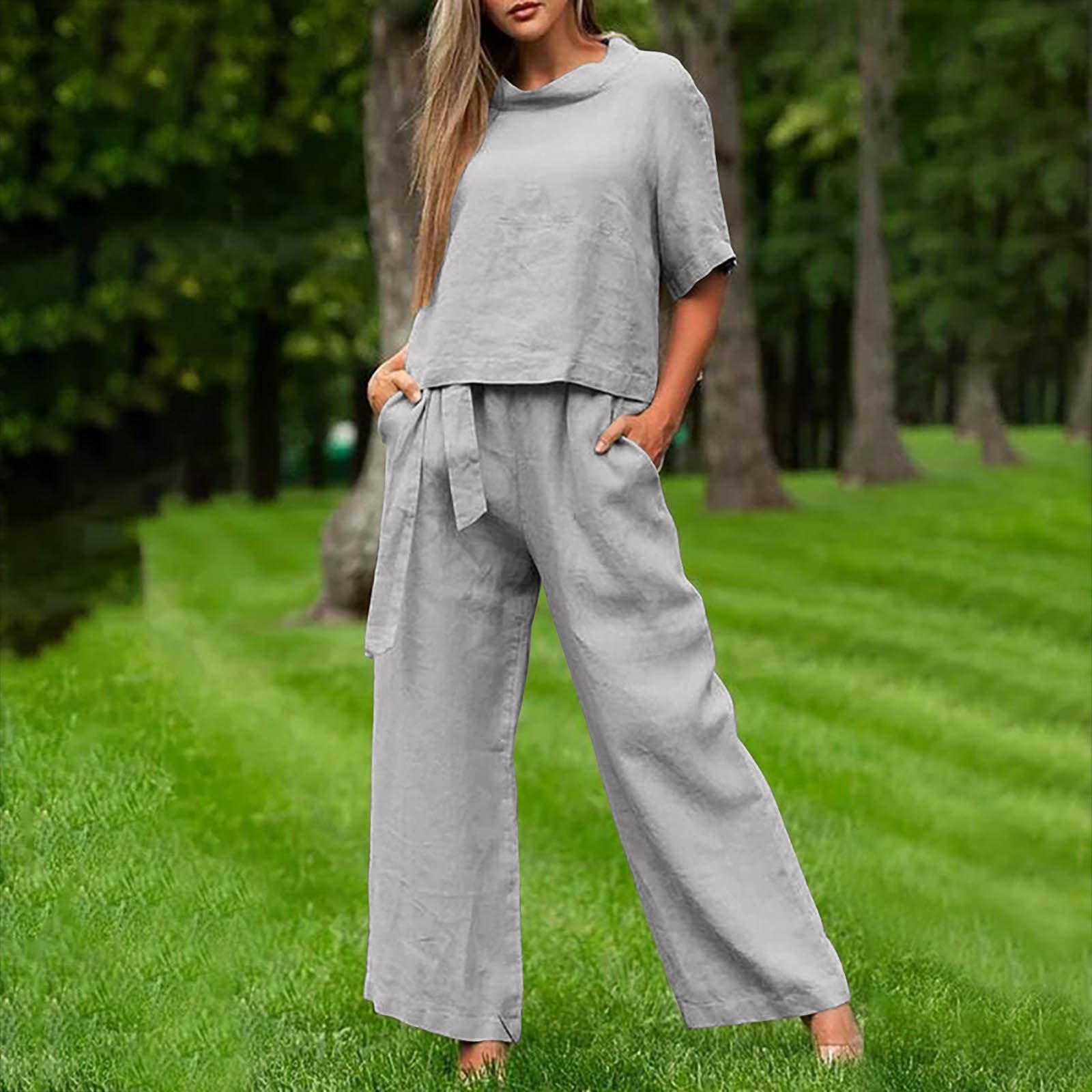 Oelaio Women's 2-Piece Pant Suit Set - Wide Leg Lounge Pants & Top Outfit for Travel, Casual Wear & Relaxation | Soft & Comfortable 100% Cotton Fabric | Perfect for Work from Home, Vacation & Everyday Outfits