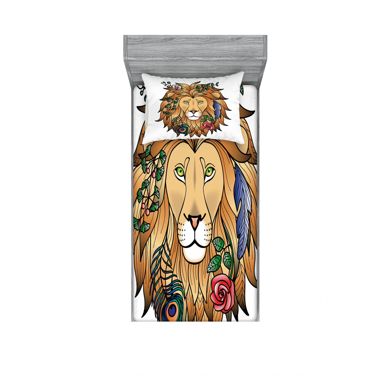 Ambesonne 2-Pack Twin XL Fitted Sheet & Pillow Sham Set - Lion with Floral Print Brown Bedding (4-Piece) | Soft & Breathable for Kids Room, Dorm Decor or Jungle-Themed Bedroom