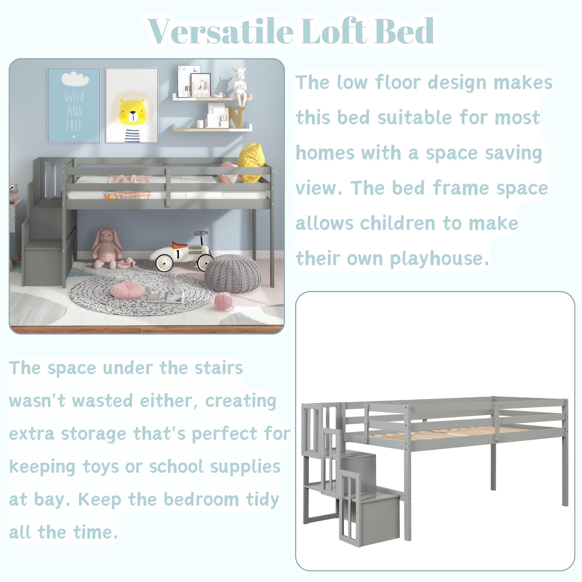 Bellemave Low Loft Twin Bed with Stairs & Storage - Sturdy Wooden Bed Frame for Kids, Teens, Boys & Girls - Space-Saving Gray Bedroom Furniture for Small Rooms, Dorms & Apartments