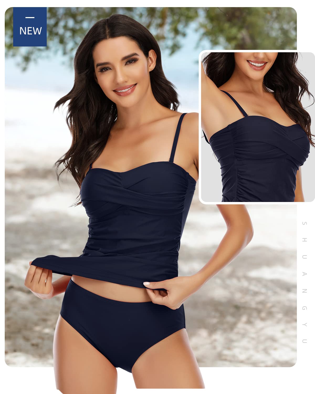 Shuangyu Women's Bandeau Tankini Swimsuits - Ruched Tummy Control Swimwear Top with Mid Waist Briefs | Perfect for Beach Vacation, Pool Party & Summer Swimming