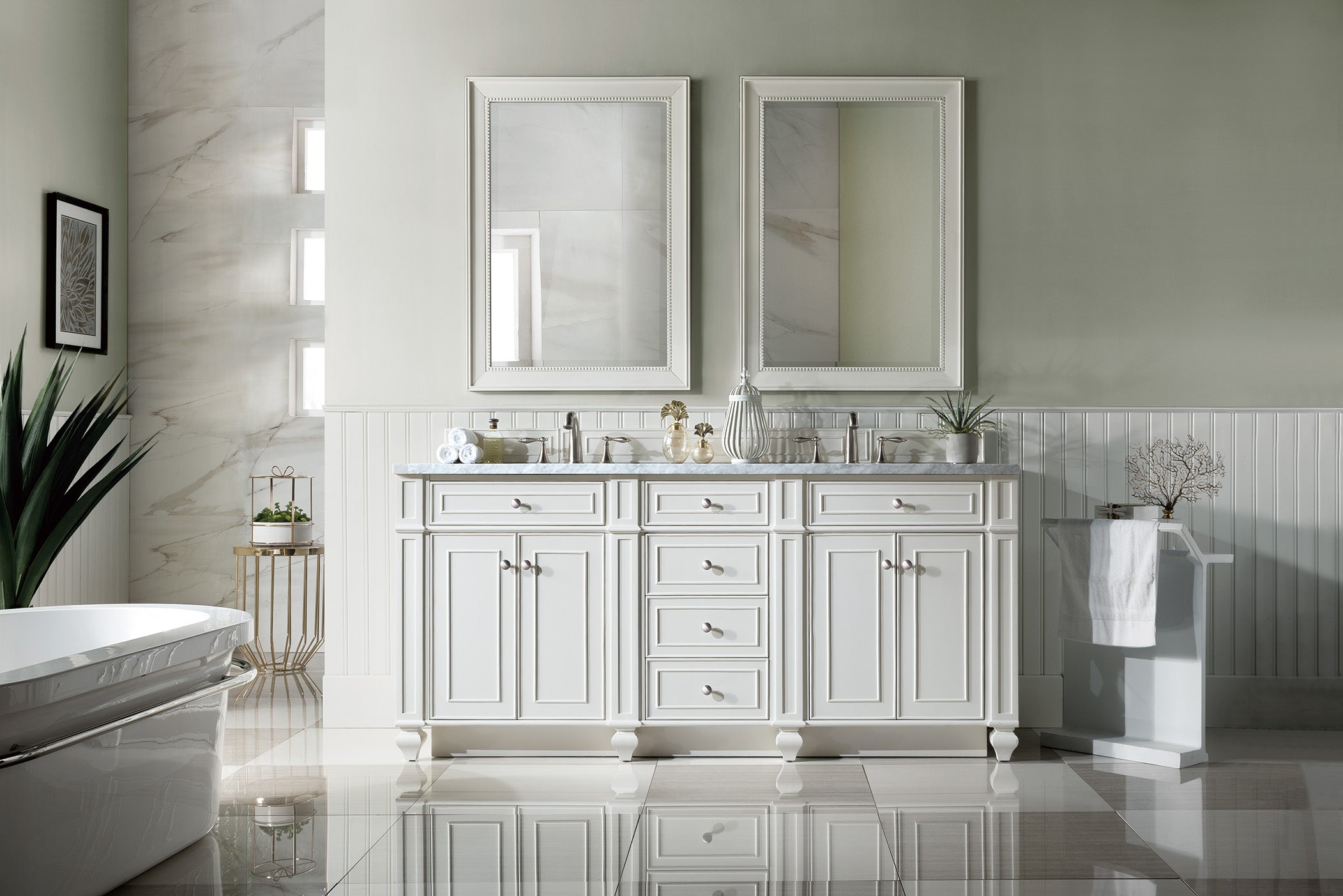 Bristol 72 Inch Double Bathroom Vanity with 3CM Carrara Marble Top in Bright White - Perfect for Master Bathroom or Guest Bathroom Renovation
