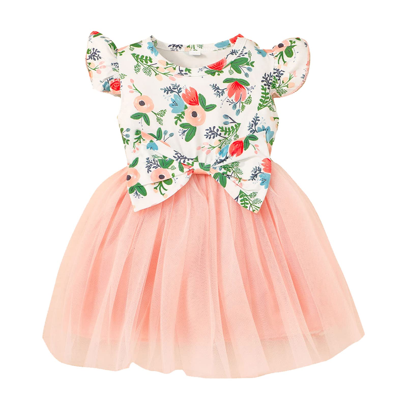 Toddler Baby Girls Floral Printed Bowknot Tulle Princess Dress with Fly Sleeves - Summer Party Outfits for Toddlers & Teen Girls - Perfect for Birthday Parties, Photo Shoots & Special Occasions