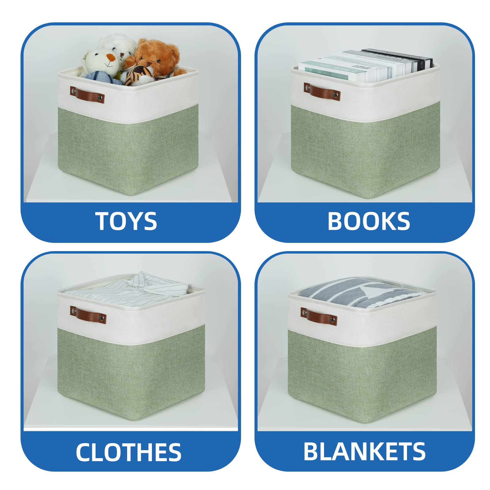 11 Inch Fabric Storage Baskets 4-Pack - White & Green Cube Organizer Bins with Handles for Shelves, Clothes, Toys & Home Decor | Perfect for Bedroom, Closet & Nursery Organization