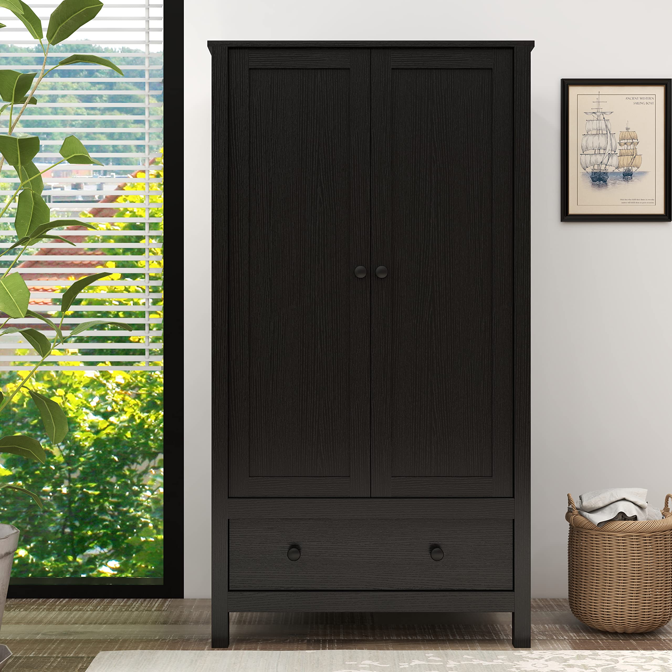 Panana 2 Door Wardrobe Closet with Drawer - Black Wooden Armoire for Bedroom Storage | Perfect for Organizing Clothes, Shoes & Accessories in Master Bedroom, Guest Room or Dorm