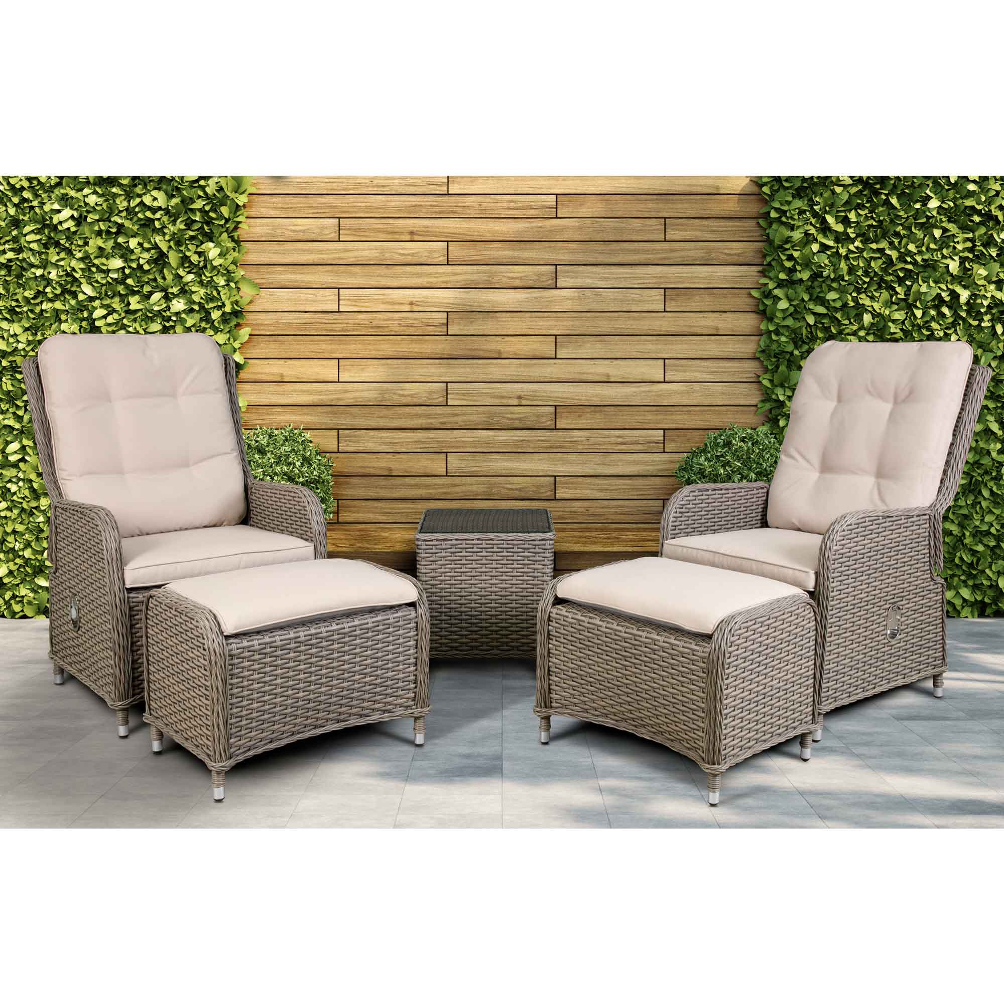 Chester Rattan Wicker Outdoor Recliner Chair & Coffee Table Set - Brown Patio Furniture for Backyard, Poolside or Garden Relaxation | DG68