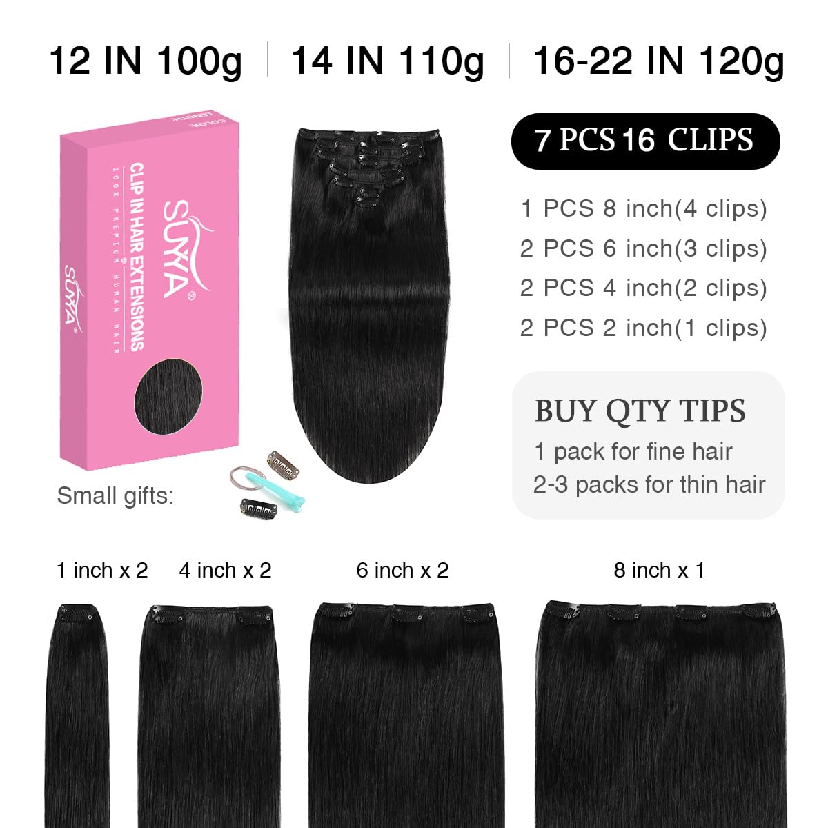 SUYYA 14 Inch 7pcs 110g Jet Black Human Hair Clip-in Extensions - Double Weft Straight Real Human Hair for Styling & Volume - Perfect for Parties, Weddings & Daily Wear
