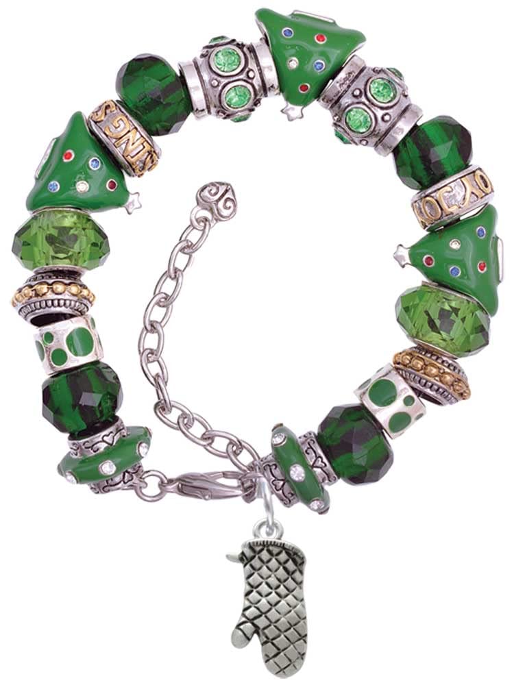 Delight Jewelry Silvertone Oven Mitt Green Christmas Bead Bracelet - 7