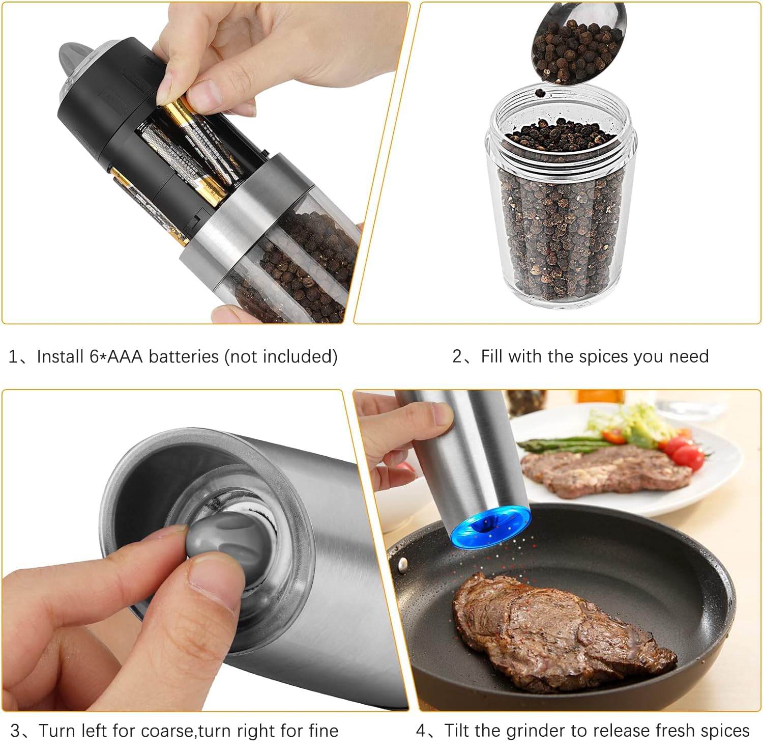 Electric Salt and Pepper Grinder Set - Battery Powered Automatic Mill with Adjustable Coarseness & LED Light, One-Hand Operation, Stainless Steel - Perfect for Kitchen, Dining Table, and Outdoor Cooking
