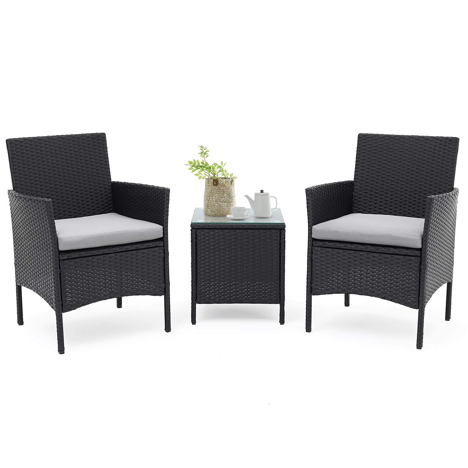 **Crownland 3-Piece Outdoor Bistro Set with Wicker Chairs, Cushions & Glass Table - All-Weather Patio Furniture for Backyard, Porch, Garden, Balcony (Black/Grey) - Perfect for Relaxing & Entertaining**