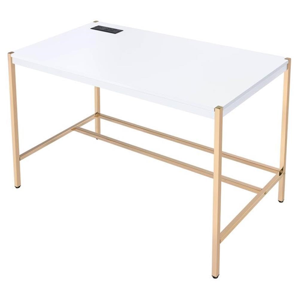 Acme Midriaks White and Gold Wooden Writing Desk with USB Port - Perfect for Home Office, Study Room & Small Spaces