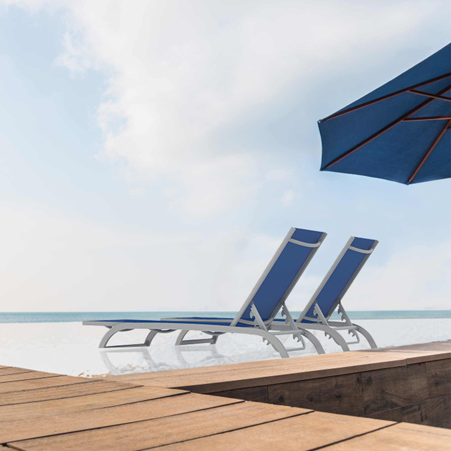 Domi Chaise Lounge Outdoor Set of 3 Adjustable Pool Lounge Chairs with Wheels - Navy Blue Patio Furniture for Beach, Yard & Backyard Relaxation | Perfect for Sunbathing, Poolside Lounging & Outdoor Entertaining