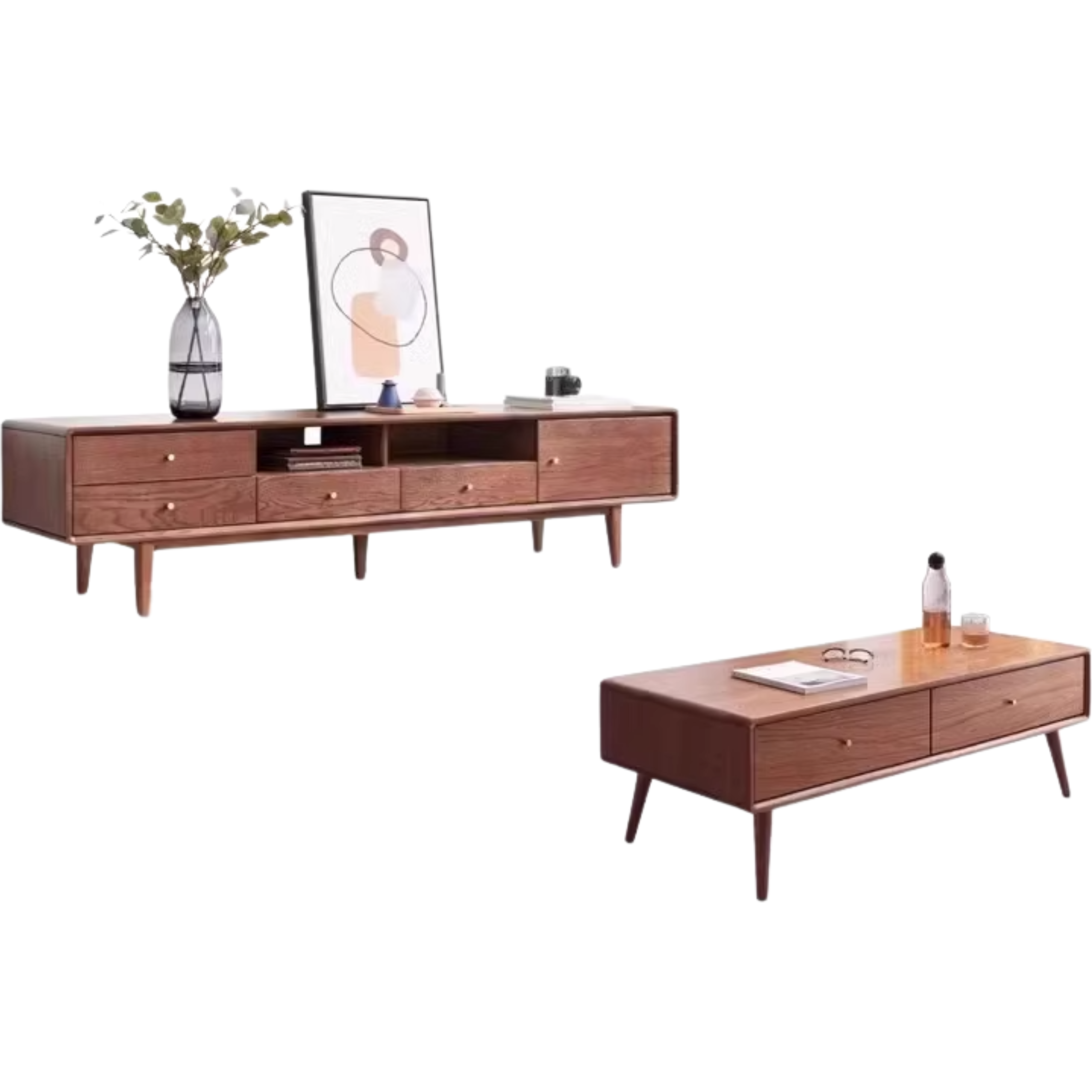 Solid Oak Wood Scandinavian TV Stand with Storage - Modern Living Room Entertainment Center for TV, Gaming & Media Storage