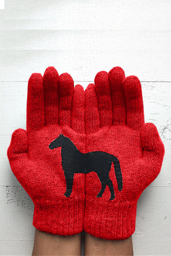 Printed Knitted Gloves - Short Thickened Warm Winter Finger Gloves for Men & Women - Dark Horse Design - Perfect for Outdoor Activities, Running, Cycling and Cold Weather Protection