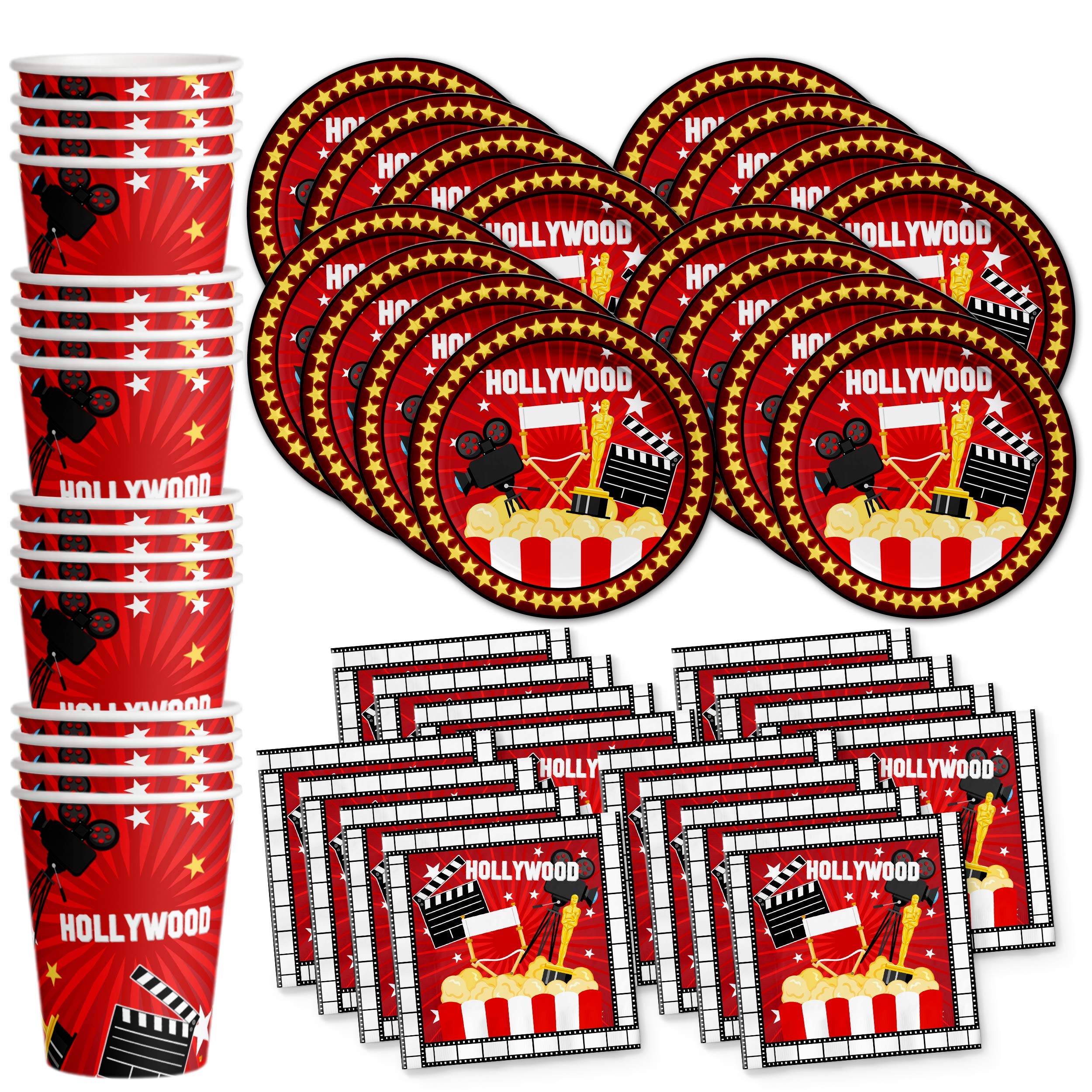 Hollywood Movie Night Birthday Party Supplies Set - 16-Piece Disposable Plates, Napkins, Cups & Tableware Kit for Themed Decorations - Perfect for Cinema-Themed Parties, Movie Premieres & Hollywood Celebrations