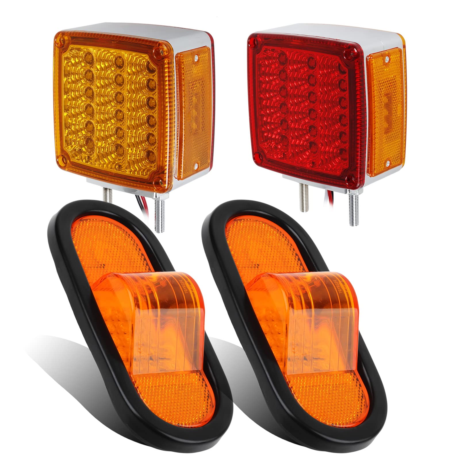 Partsam LED Truck Trailer Lights Kit - Square Amber/Red Double Face Pedestal Stud Mount Stop Turn Signal Tail Lights with 24 LED Mid-Turn Signal & Reflective Marker Lights - Heavy Duty Waterproof for Semi Trailers, RVs, and Commercial Vehicles