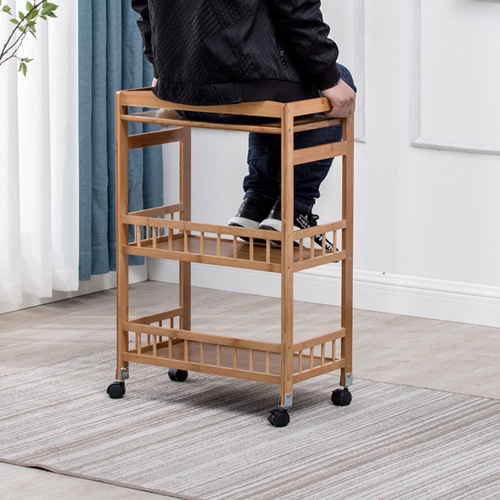 DYRABREST 3-Tier Rolling Kitchen Cart with 4 Wheels - Wooden Storage Shelves & Basket - Mobile Bar Cart for Kitchen, Dining Room, or Party (20.8 x 11.8 x 31.4 Inches) - Perfect for Serving Food, Drinks, or Organizing Spices & Liquor Bottles
