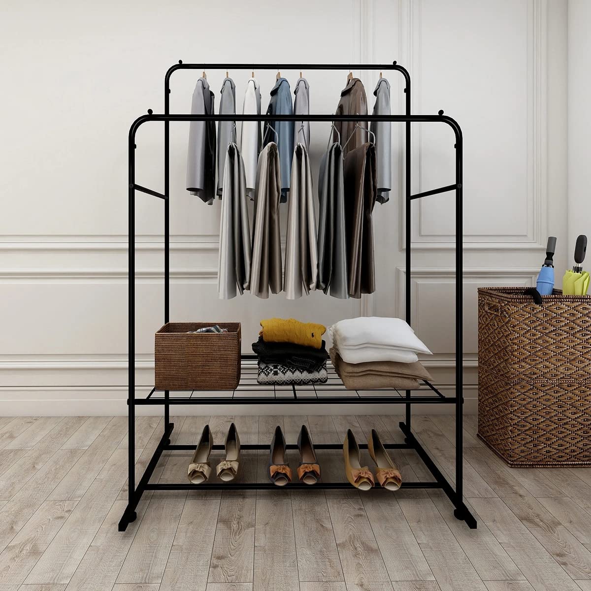 Freestanding Metal Garment Rack with Double Rods and Shelf - Heavy Duty Clothing Organizer for Bedroom, Living Room, Hotel (44.88x15.16x2.56 Inches, Black) | Perfect for Closet Organization, Laundry Drying, and Retail Display