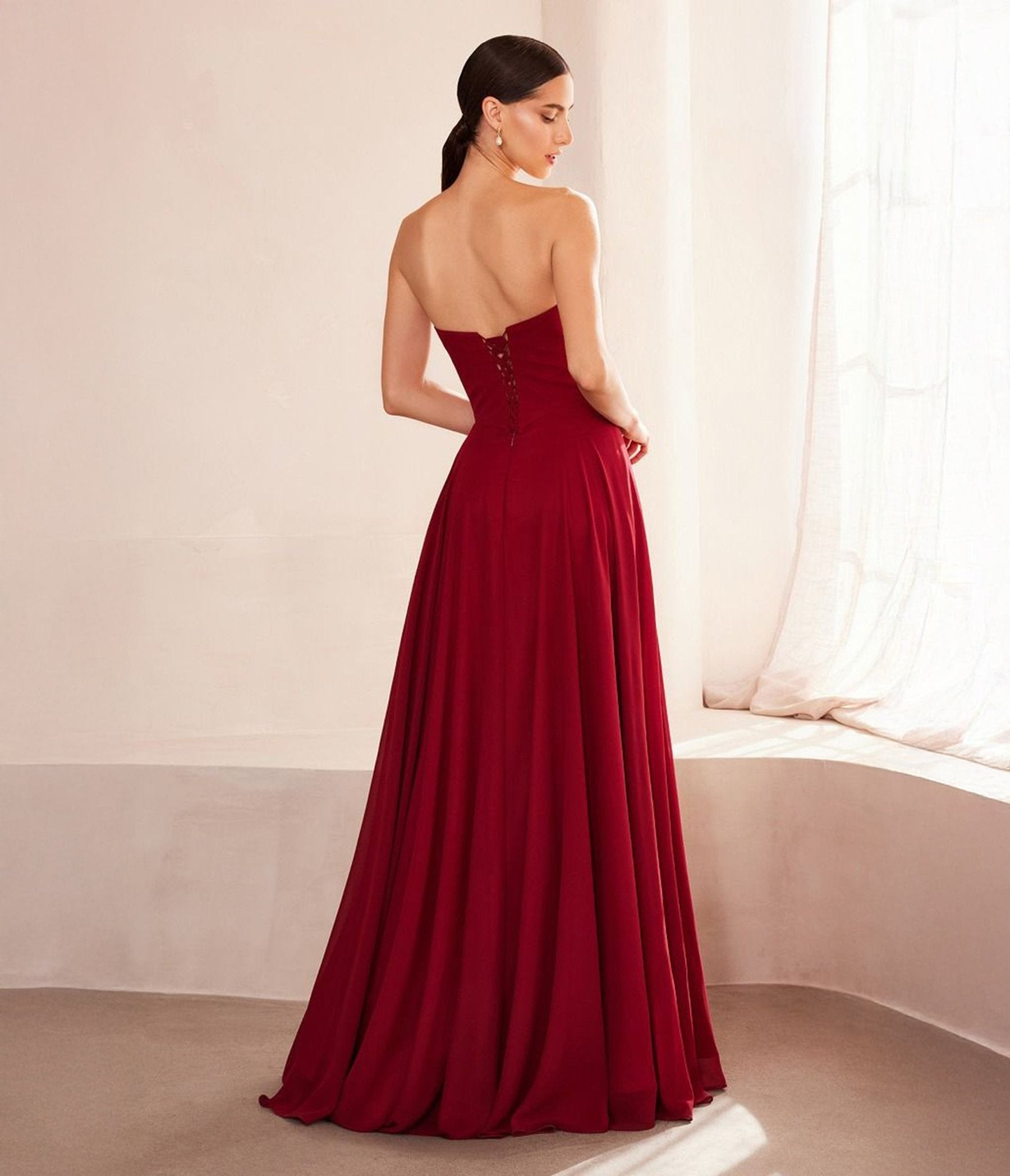 Amoris by Cinderella Divine Burgundy Chiffon Strapless A-Line Prom Gown for Homecoming, Formal Dances & Special Occasions