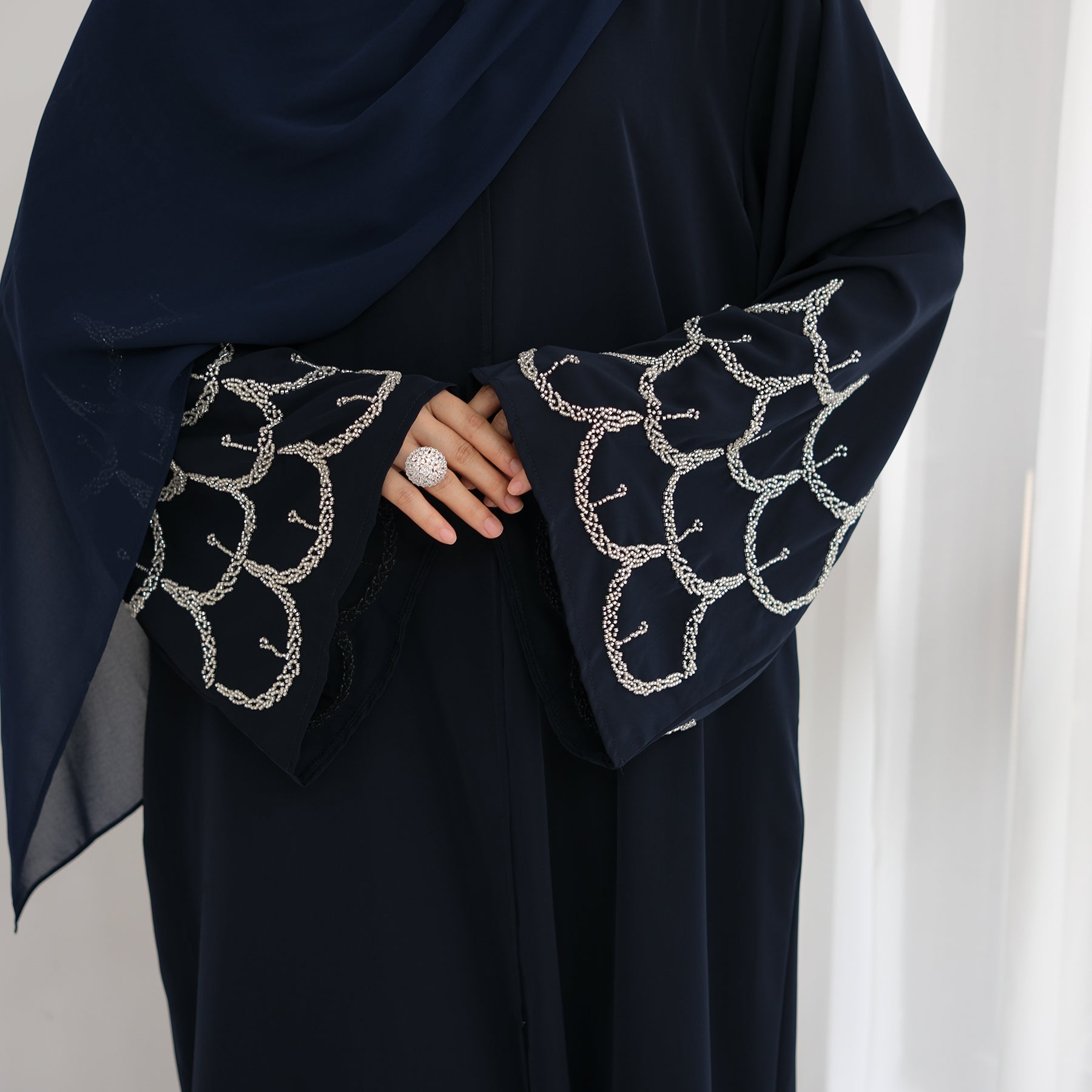 Irssane Nida Open Abaya Kimono - Navy Blue Muslim Prayer Dress for Women | Perfect for Prayer, Mosque, and Special Occasions