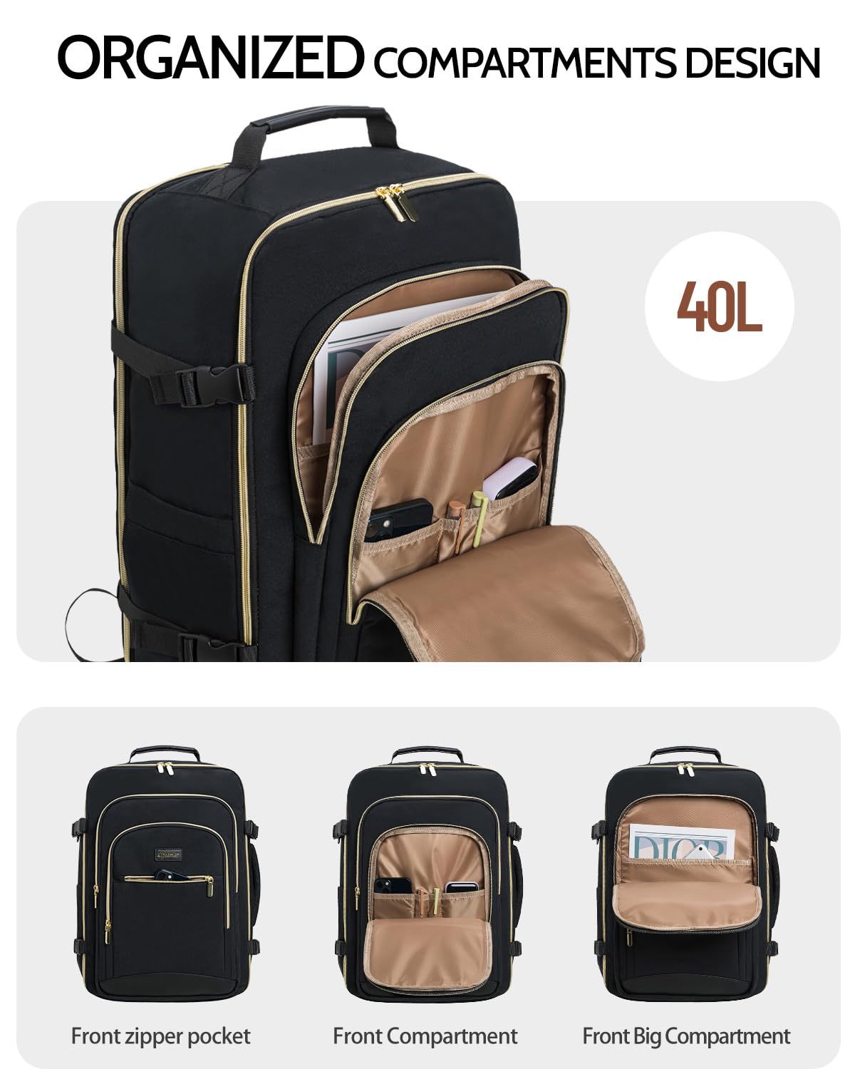 40L Waterproof Travel Backpack for Women - TSA Approved Carry On Backpack with 3 Packing Cubes, Airplane Personal Item Bag for Weekend Trips & Business Travel Essentials | Perfect for Flight, Commute & Outdoor Adventures
