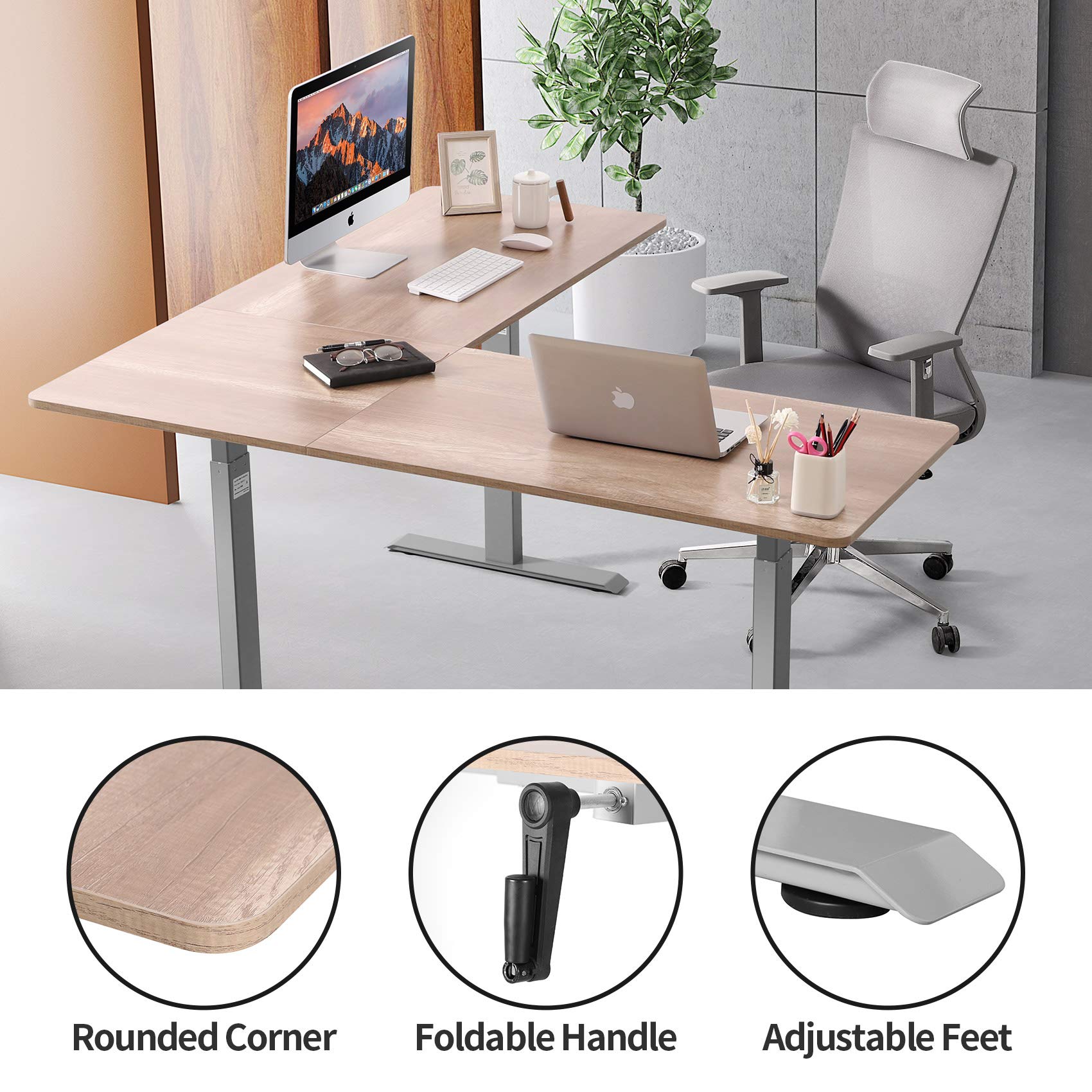 UNICOO L-Shaped Crank Adjustable Standing Desk - Sit to Stand Corner Workstation with Grey Frame & Antique Oak Top | Home Office, Gaming & Study Desk for Ergonomic Workspace