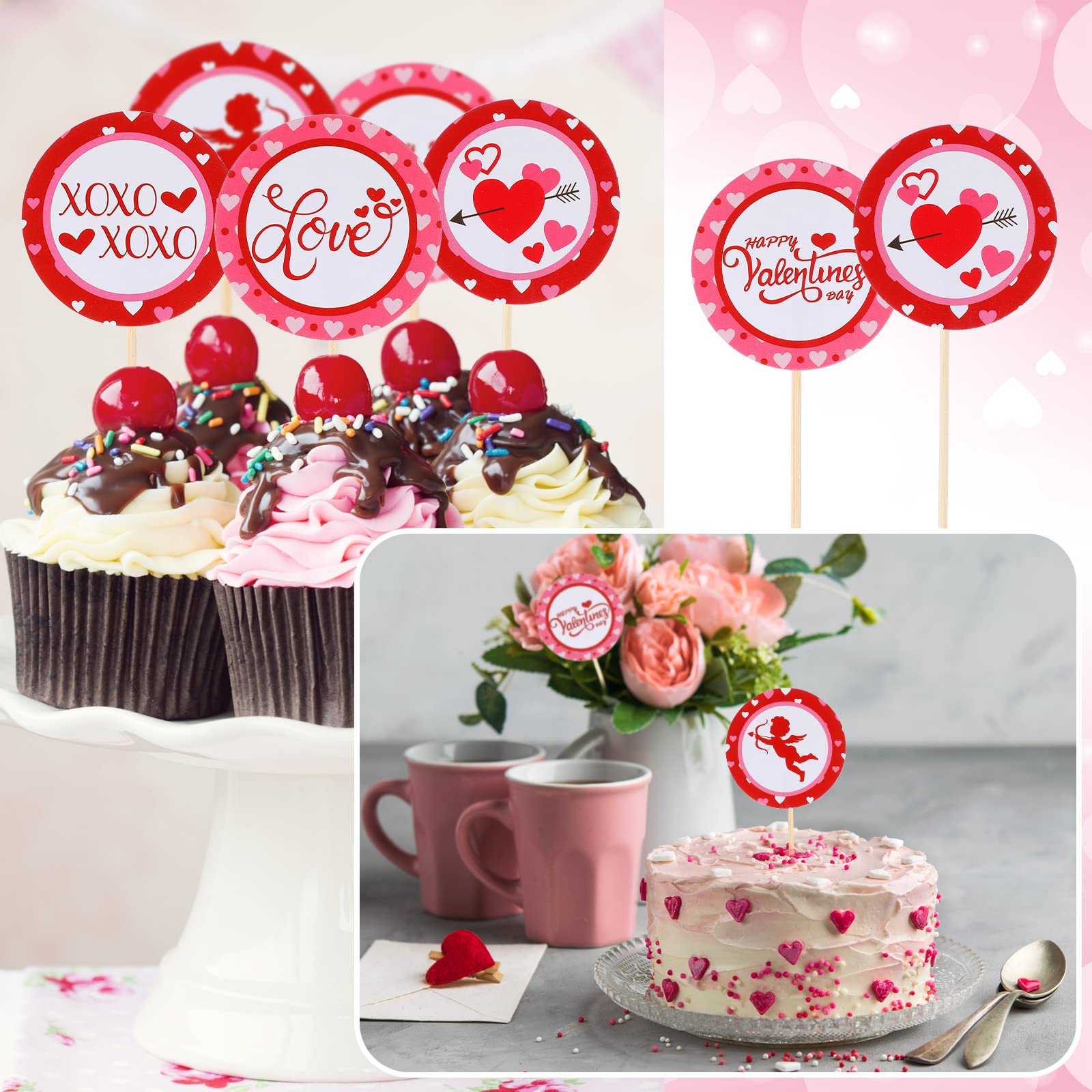 50 Packs Valentine's Day Cupcake Toppers - Sweet XOXO Love Heart Cupcake Picks, Red Glitter Paper Valentine's Decorations for Parties, Weddings & Romantic Celebrations