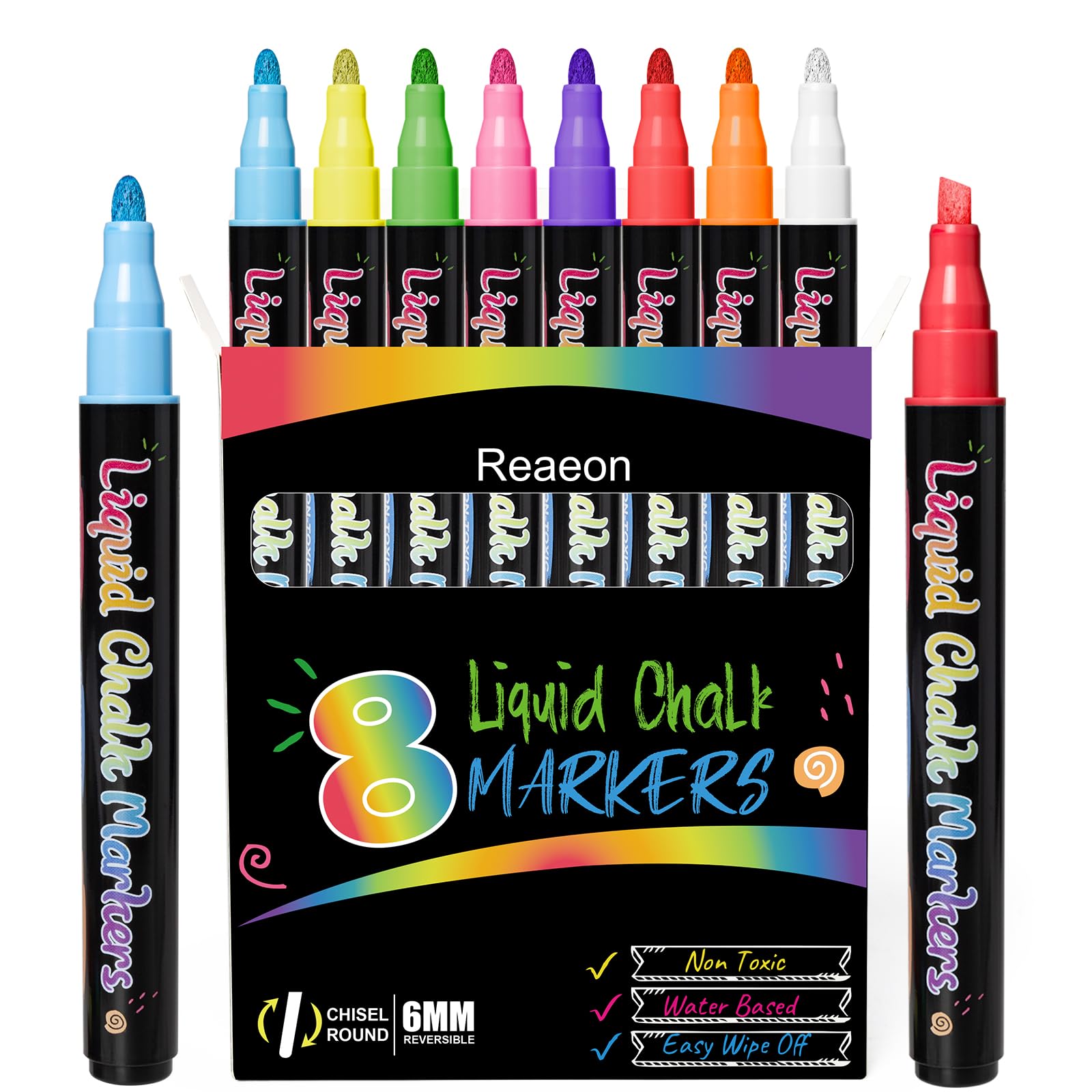 Vibrant Liquid Chalk Markers - 8 Pack Non-Toxic Water-Based Chalkboard Pens with 6mm Reversible Tip for Blackboard, Window, Glass & Mirror - Perfect for Restaurants, Classrooms, Retail Signs & DIY Home Decor