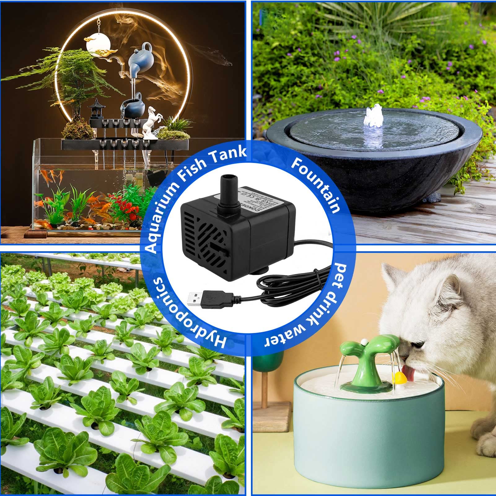5V USB Mini Submersible Water Pump - Ultra Quiet Adjustable 200L/H DC Water Pump for Pet Fountains, Aquariums, Hydroponics | Indoor & Outdoor Use in Fish Tanks, Ponds, Garden Irrigation