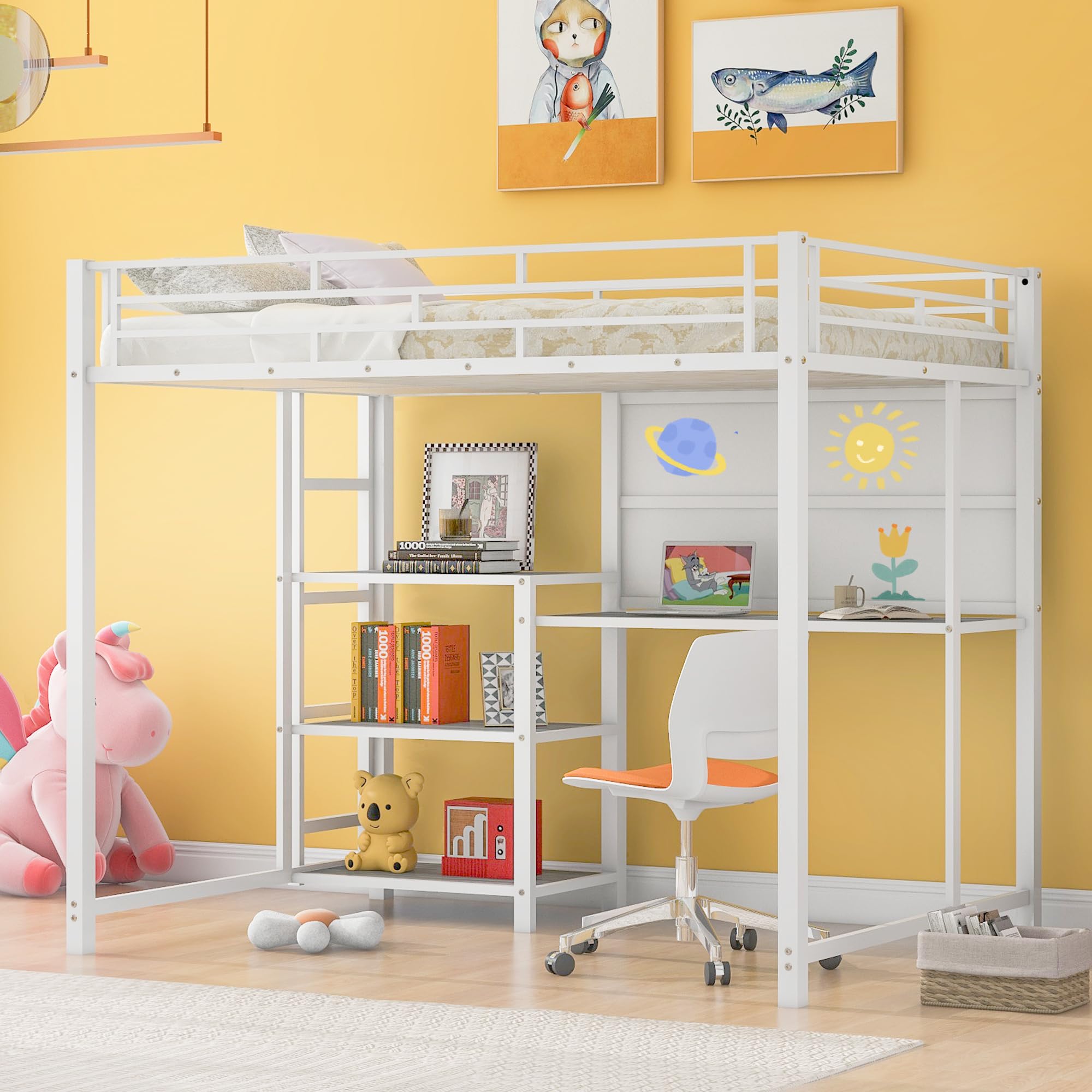 Full Size Loft Bed with Study Desk & Storage - Sturdy Metal Frame, Built-in Whiteboard & Ladder - Space-Saving Solution for Small Rooms, Dorms & Apartments (White)