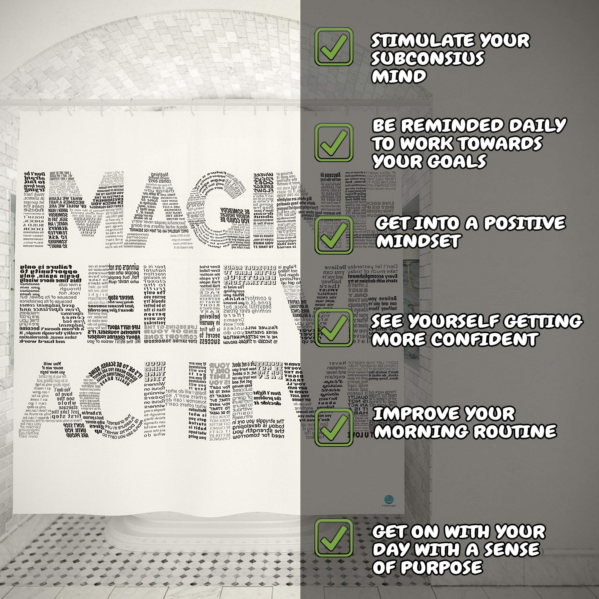 Motivational 2-in-1 Shower Curtain with 145 Inspirational Quotes - Positive Vibes Gym & Bathroom Decor in Black and White Unique Design - Perfect for Home, Fitness Enthusiasts & Self-Improvement