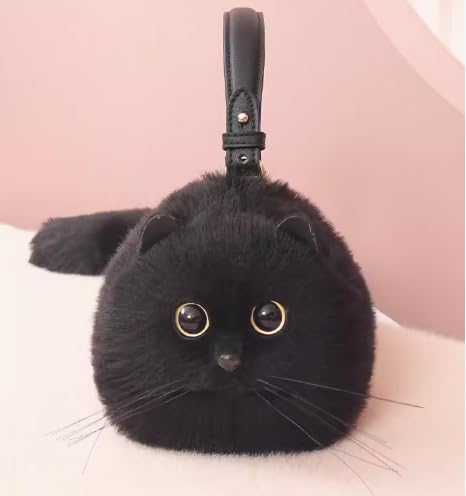 2024 Trendy Tiny Heart Black Cat Plush Handbag - 12.2cm/31cm Cute Black Cat Shoulder Purse for Girls & Women | Perfect for Cosplay, Anime Conventions & Kawaii Fashion Accessories (Black)
