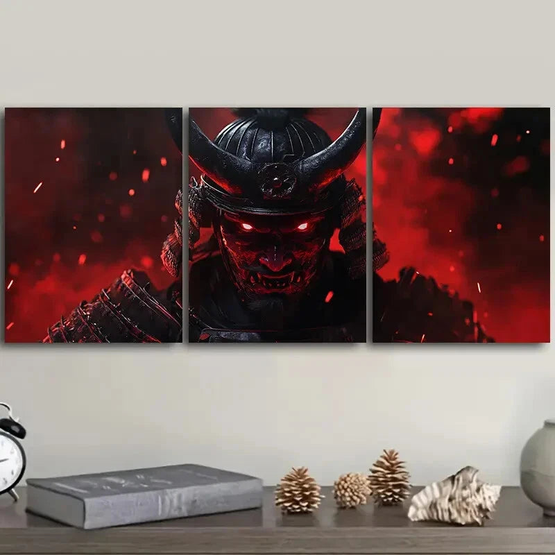 3-Piece Crimson Warrior with Black Horns Metal Wall Art - Ready to Hang Home Decor for Living Room, Bedroom & Office | Gothic Fantasy Art Print