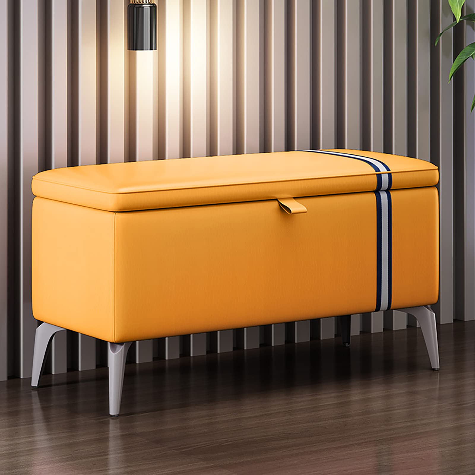 Solid Wood Storage Trunk with Leather Upholstery - Multifunctional Entryway Bench, Shoe Storage Ottoman with Padded Seat (Orange, 100x35x45cm/39x14x18in) - Perfect for Living Room, Bedroom & Hallway Organization