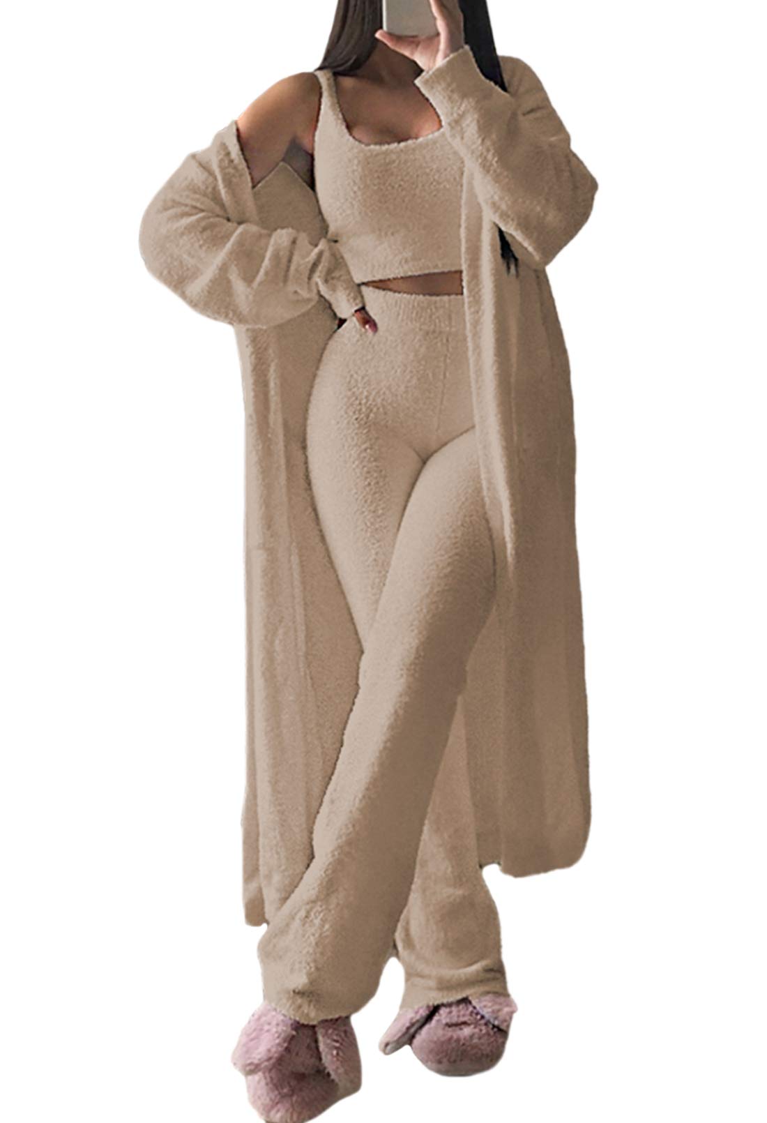 Fixmatti Women's 3 Piece Fuzzy Sweatsuit Set - Open Front Cardigan, Crop Tank Top & Wide Leg Pants Lounge Outfit in Camel Color, Size X-Large | Cozy Loungewear for Home, Yoga & Casual Wear