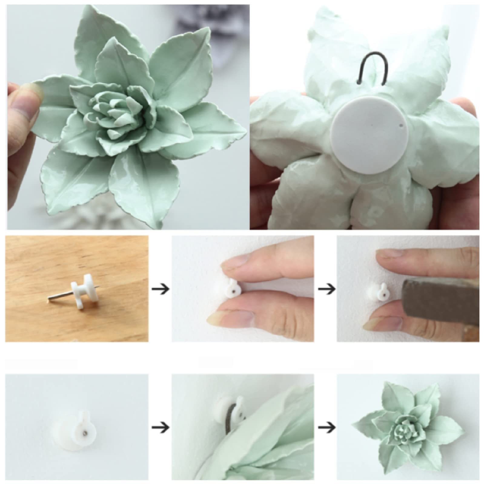 White Ceramic 3D Peony & Hibiscus Flower Wall Decor - Handcrafted Artificial Sculpture for Home, Living Room, Dining Room - 7cm Hanging Art (Perfect for Boho, Farmhouse & Modern Interior Design)