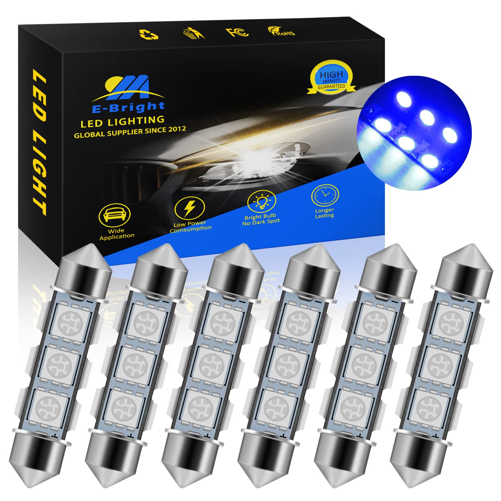 Everbright 6-Pack Blue 44MM 578 LED Bulbs - 569 211-2 212-2 Festoon LED Dome Lights for Car Interior, Trunk & License Plate (DC-12V) - Perfect for Vehicle Interior Lighting Upgrade & Customization