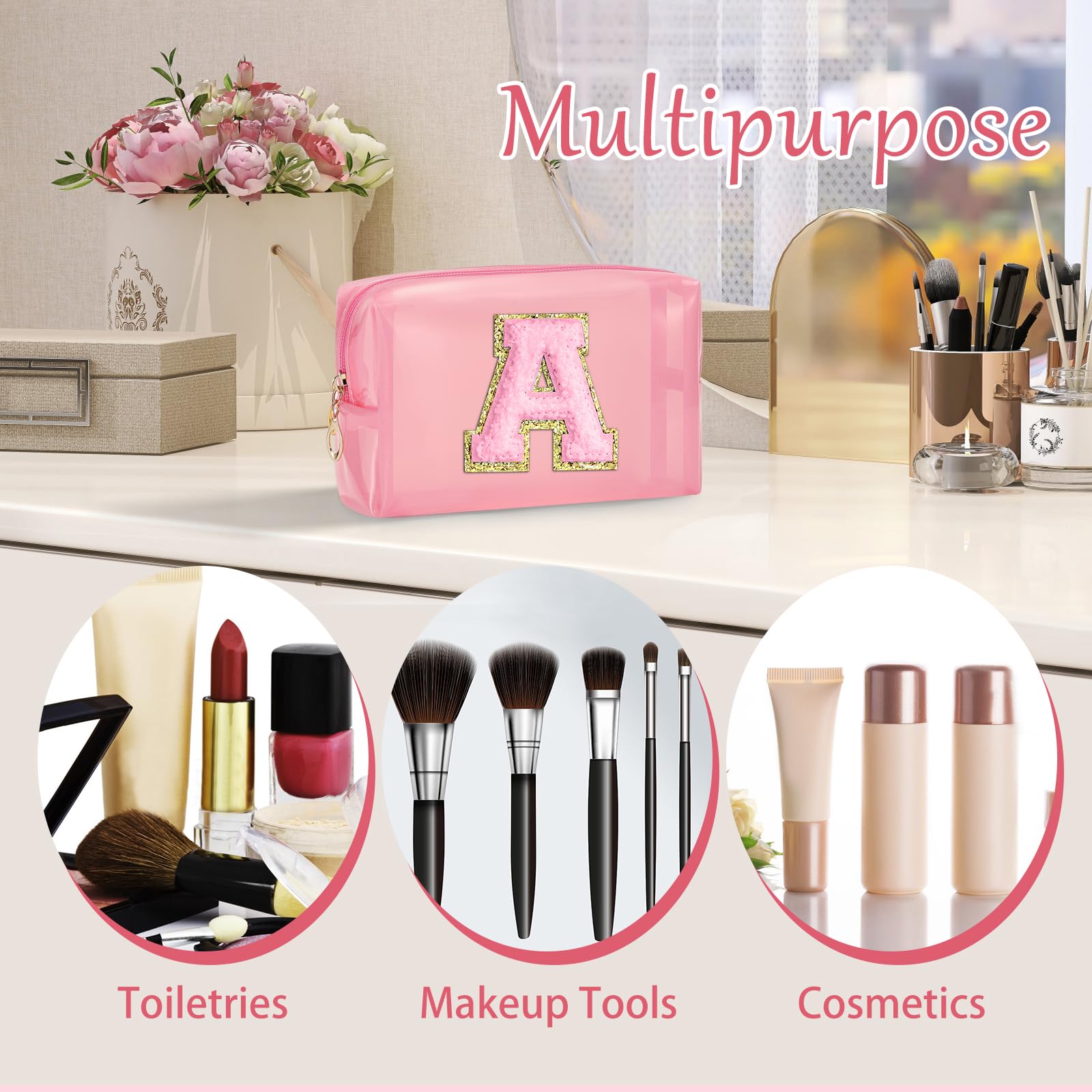 Personalized Initial Makeup Bag - Waterproof Travel Cosmetic Pouch for Women (Pink) | Great for Gifts & Toiletries