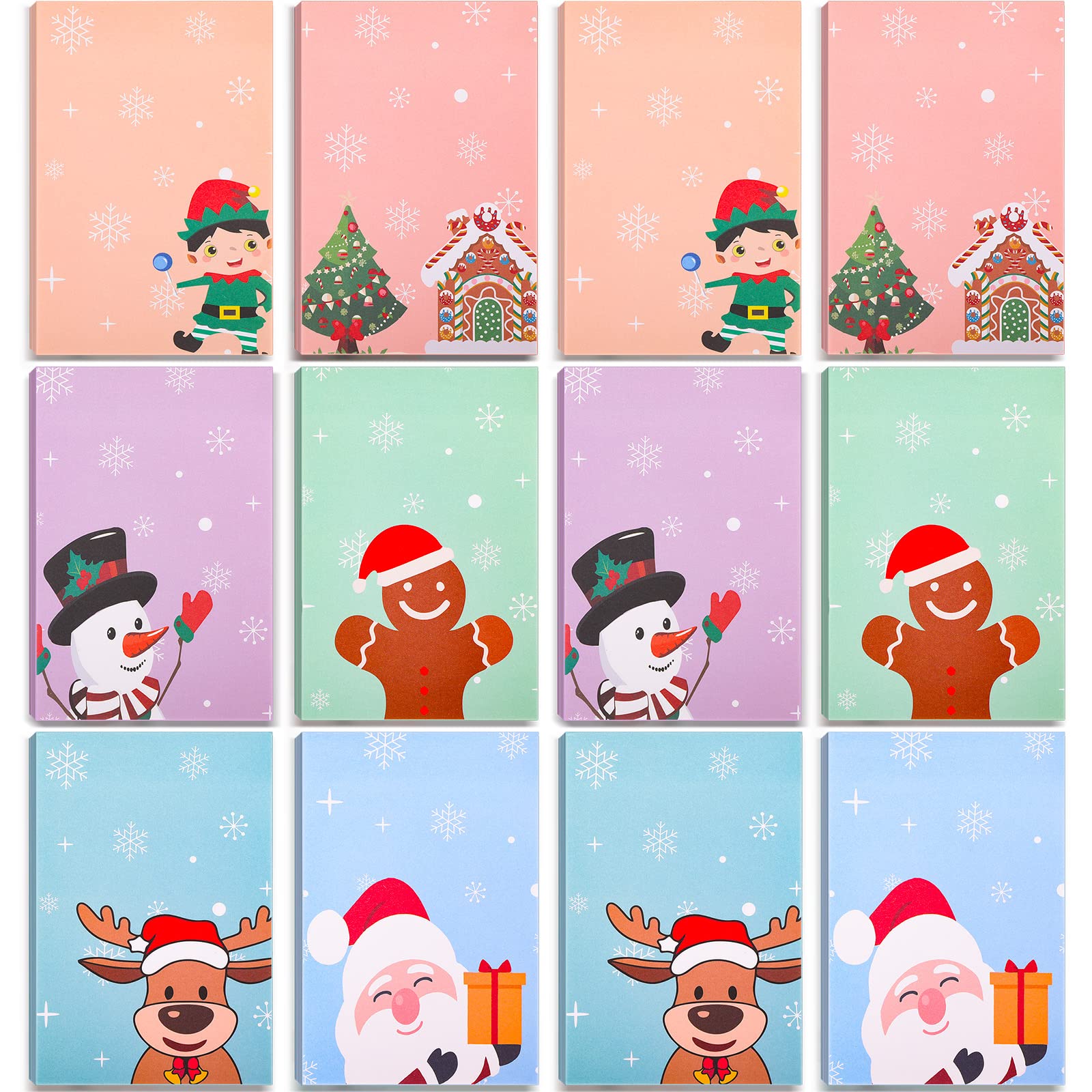 Clabby 12 Pcs Christmas Notepads Set - Snowman Themed Self-Adhesive Memo Pads with 6 Festive Patterns for Holiday Notes, Reminders & Lists | Perfect for Home, School, Office & Winter Gift Giving