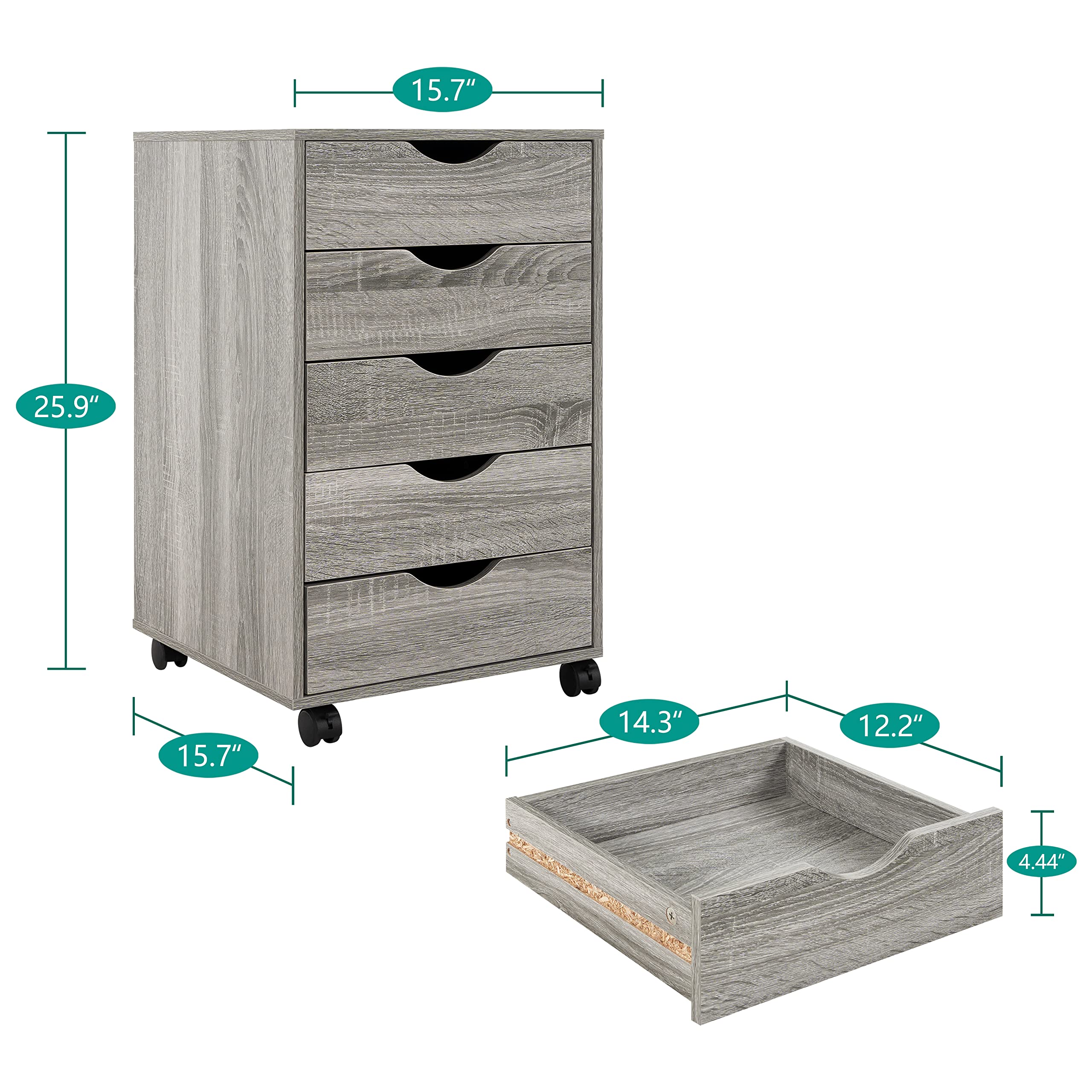 Naomi Home 5-Drawer Dresser for Bedroom - Modern Tall Chest with Wheels, Storage Shelves & 180 lbs Capacity - Gray Oak - Perfect for Closet Organization, Makeup Vanity & Small Space Storage
