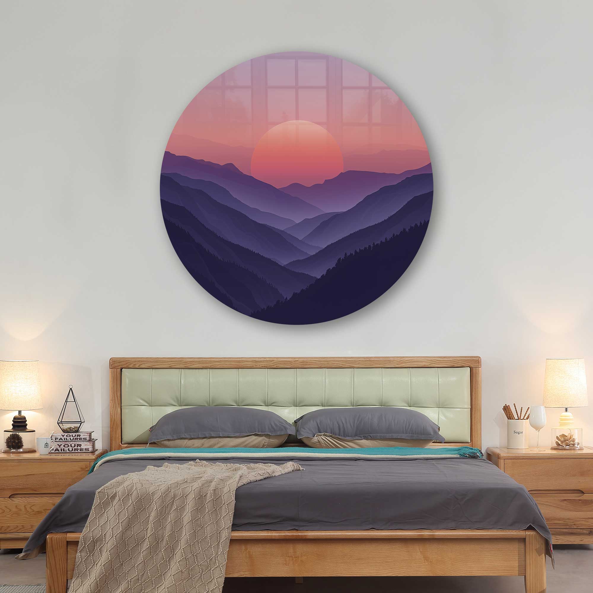 Sunset Beyond the Mountains Round Glass Wall Art - Elegant Home Decor for Living Room, Bedroom & Office