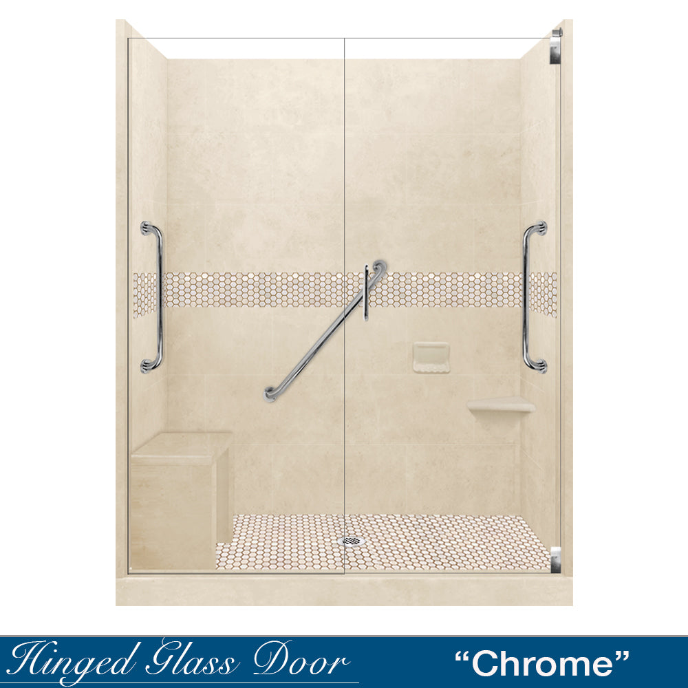 Freedom 60 Alcove Shower Kit - Desert Sand Sistine Stone & Honey Hex Mosaic Tile Backsplash (DIY Bathroom Remodel for Home, Apartment, or RV) - Perfect for Modern Bathroom Upgrades and Spa-Like Shower Experiences