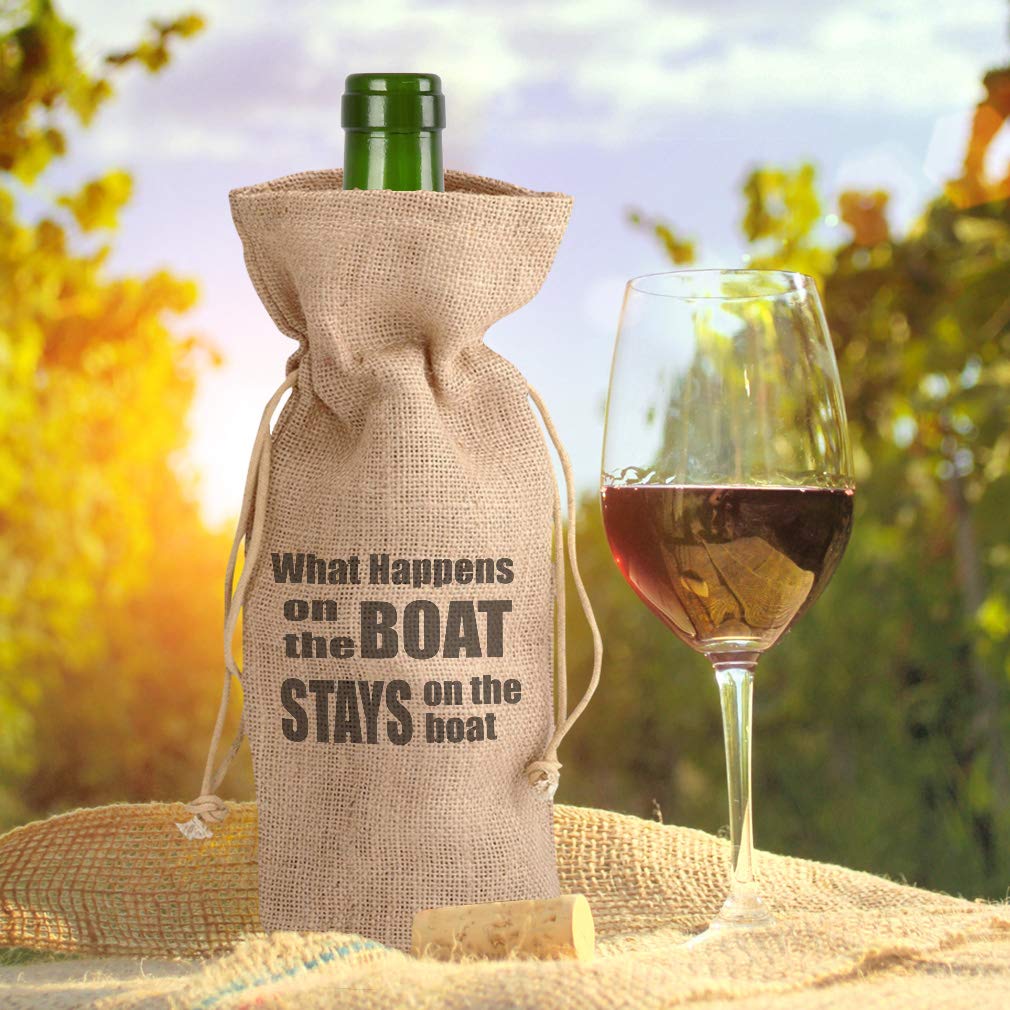 Custom Cotton Wine Gift Bag - 'What Happens on The Boat Stays Sailing' Captain Theme - Natural Canvas Tote for Housewarming Parties & Nautical Events - Perfect for Gifts, Boat Trips & Themed Celebrations