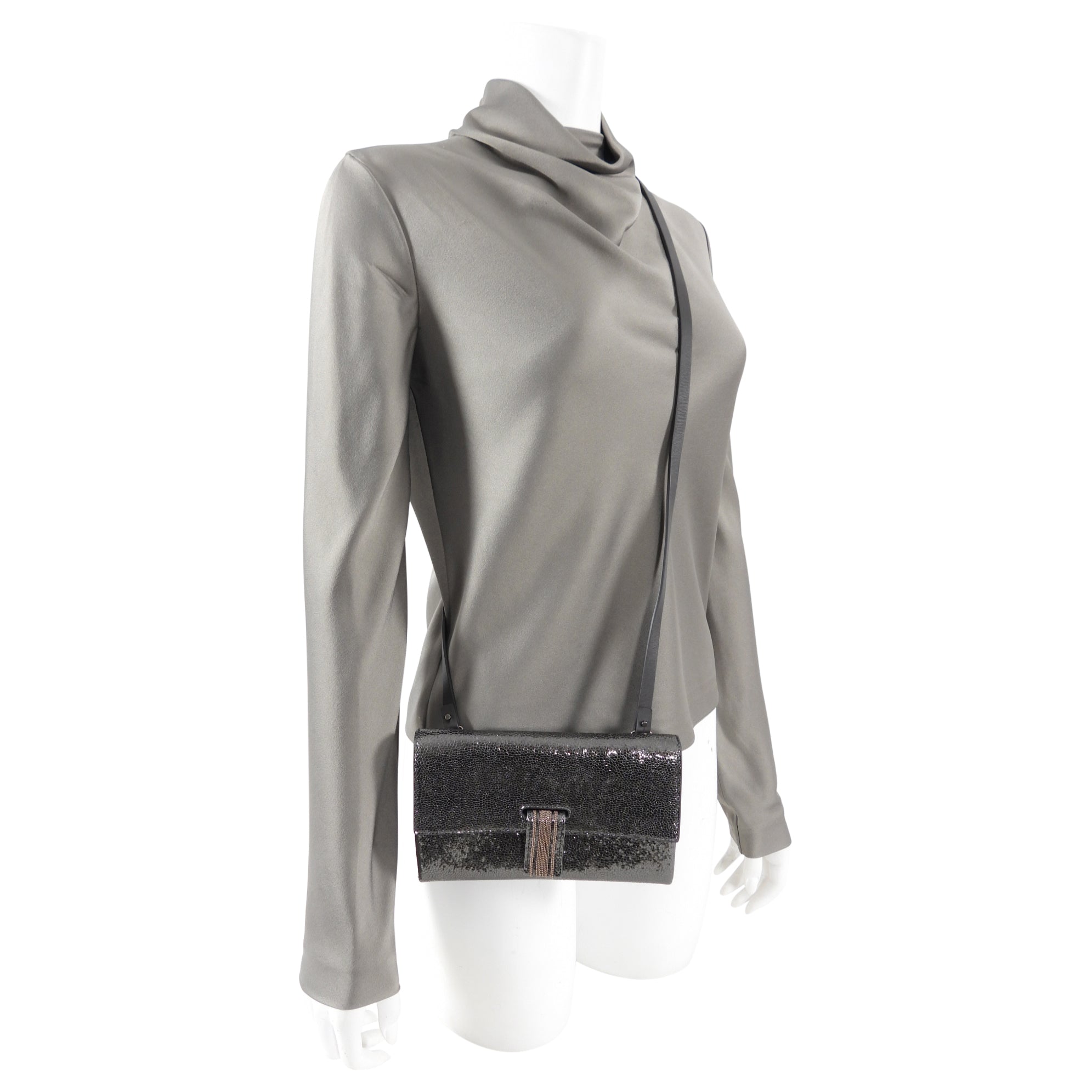 Brunello Cucinelli Charcoal Grey Leather Monili Wallet on Strap Crossbody Bag for Women - Perfect for Everyday Use, Travel & Shopping